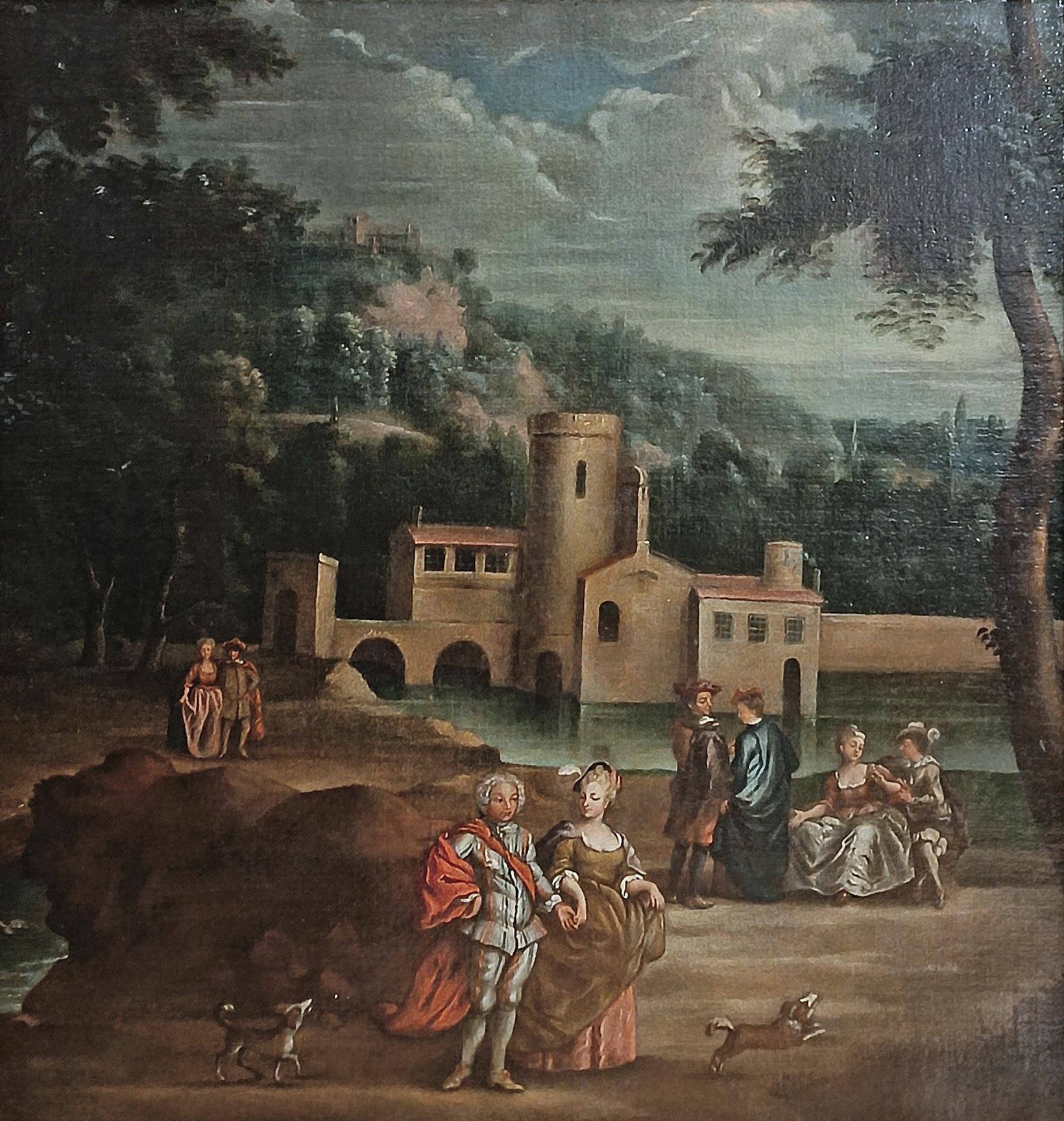 Neoclassico LATE 18th CENTURY LANDSCAPE PAINTING WITH FIGURES in vendita