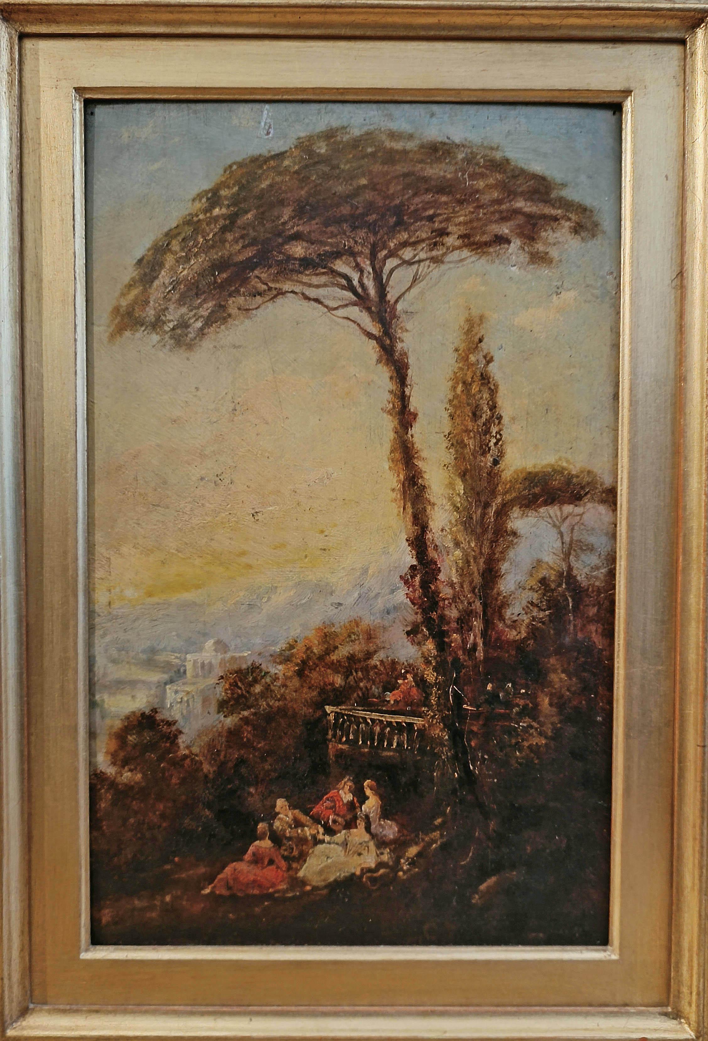 Hand-Carved LATE 18th CENTURY LANDSCAPE PAINTING WITH FIGURES For Sale