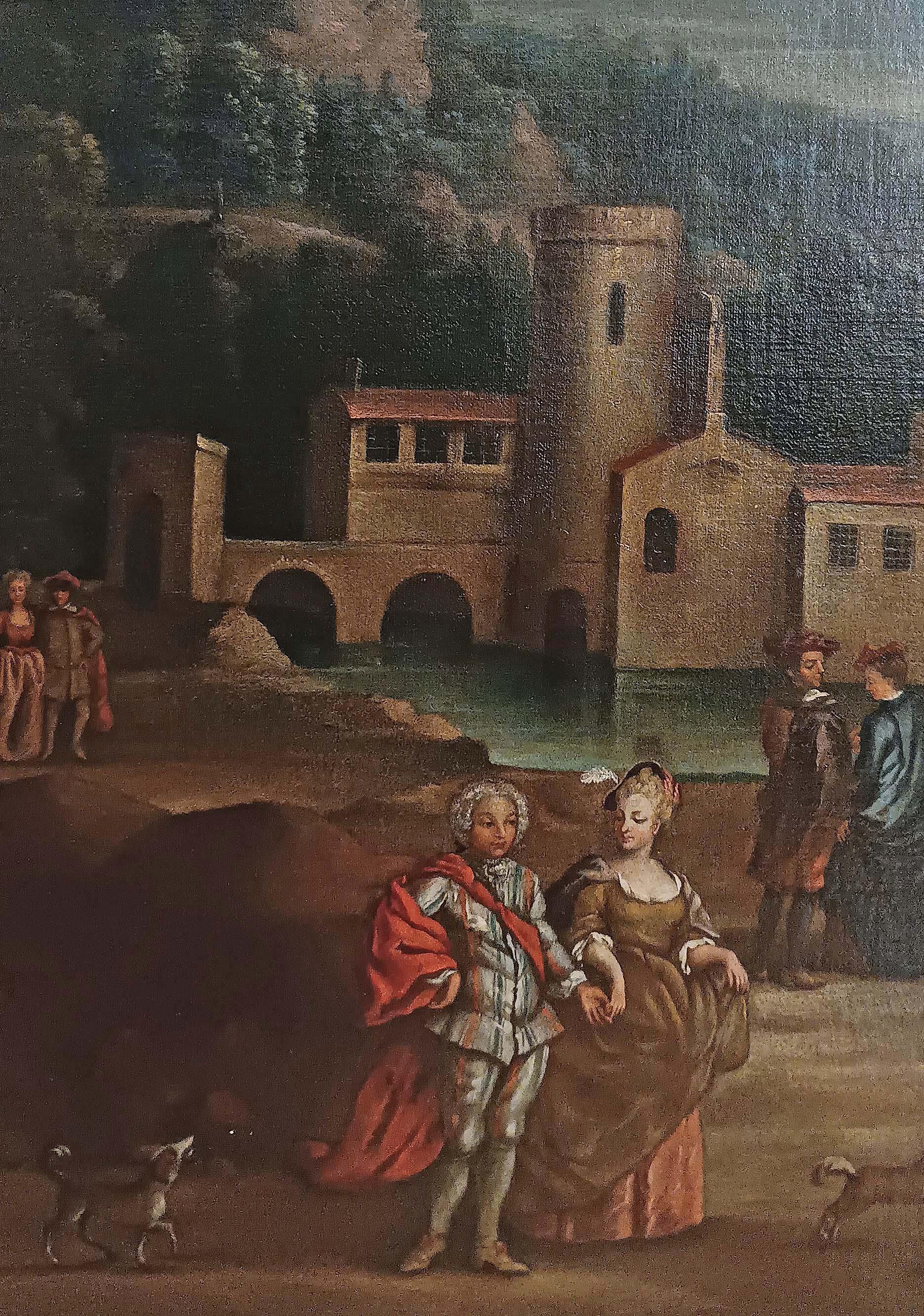 French LATE 18th CENTURY LANDSCAPE PAINTING WITH FIGURES in vendita
