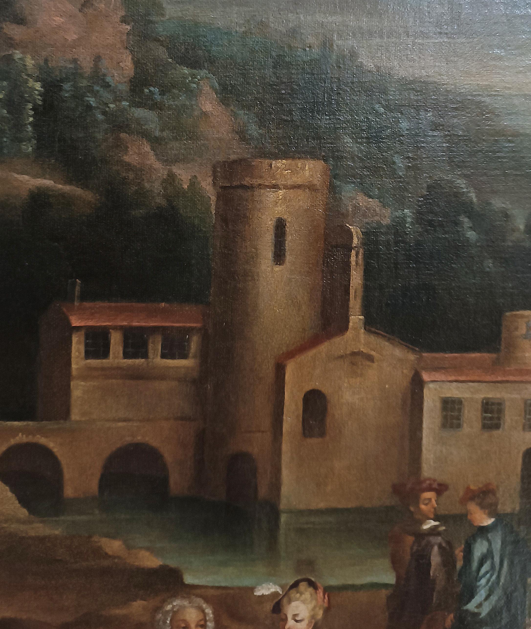 Intagliato a mano LATE 18th CENTURY LANDSCAPE PAINTING WITH FIGURES in vendita