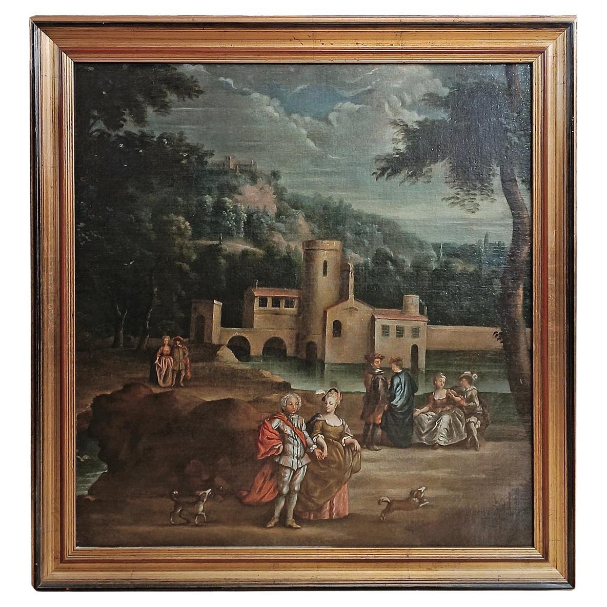 LATE 18th CENTURY LANDSCAPE PAINTING WITH FIGURES