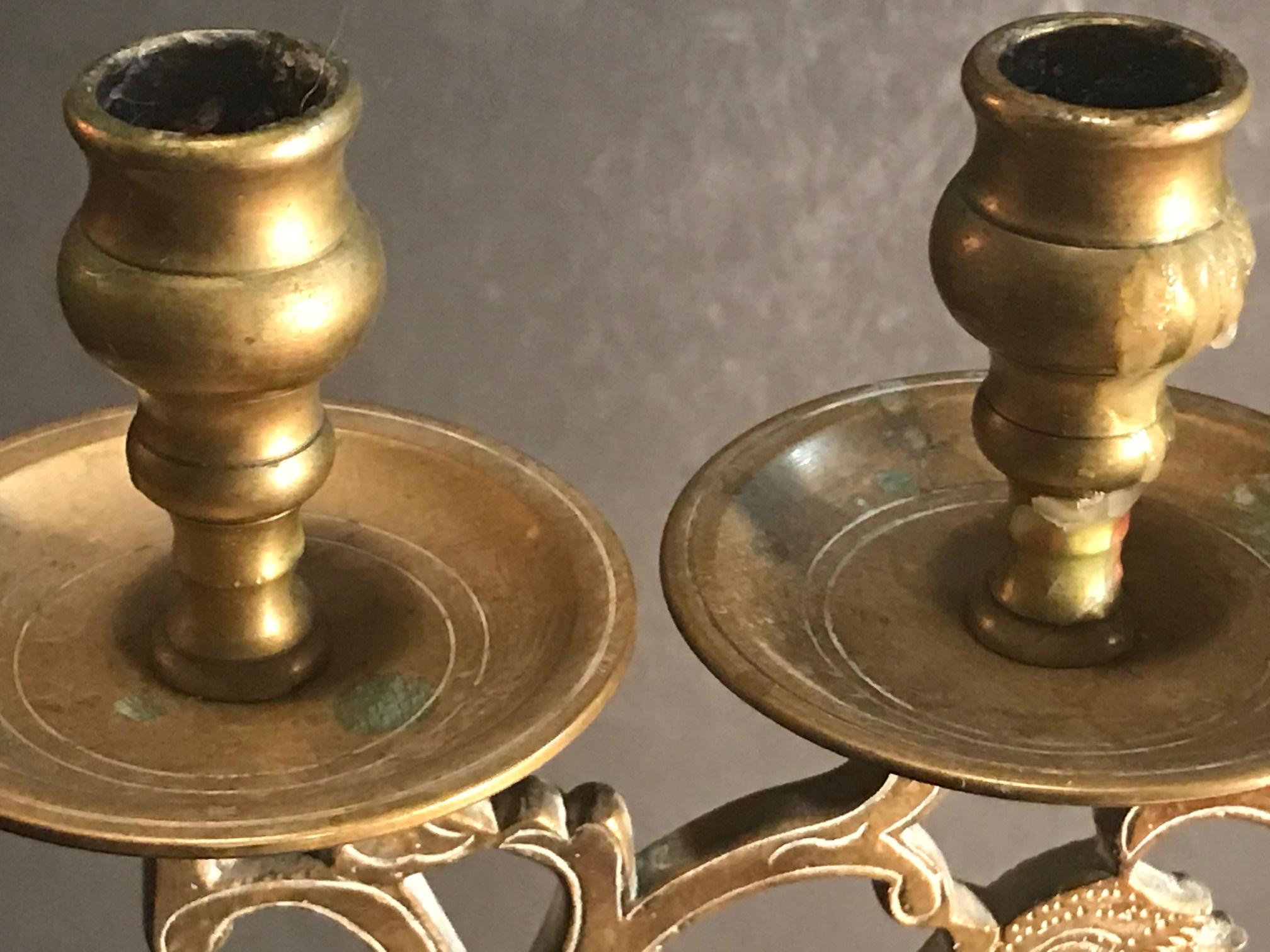 Late 18th Century Large Brass Sabbath Candelabra, Judaica of Poland 1