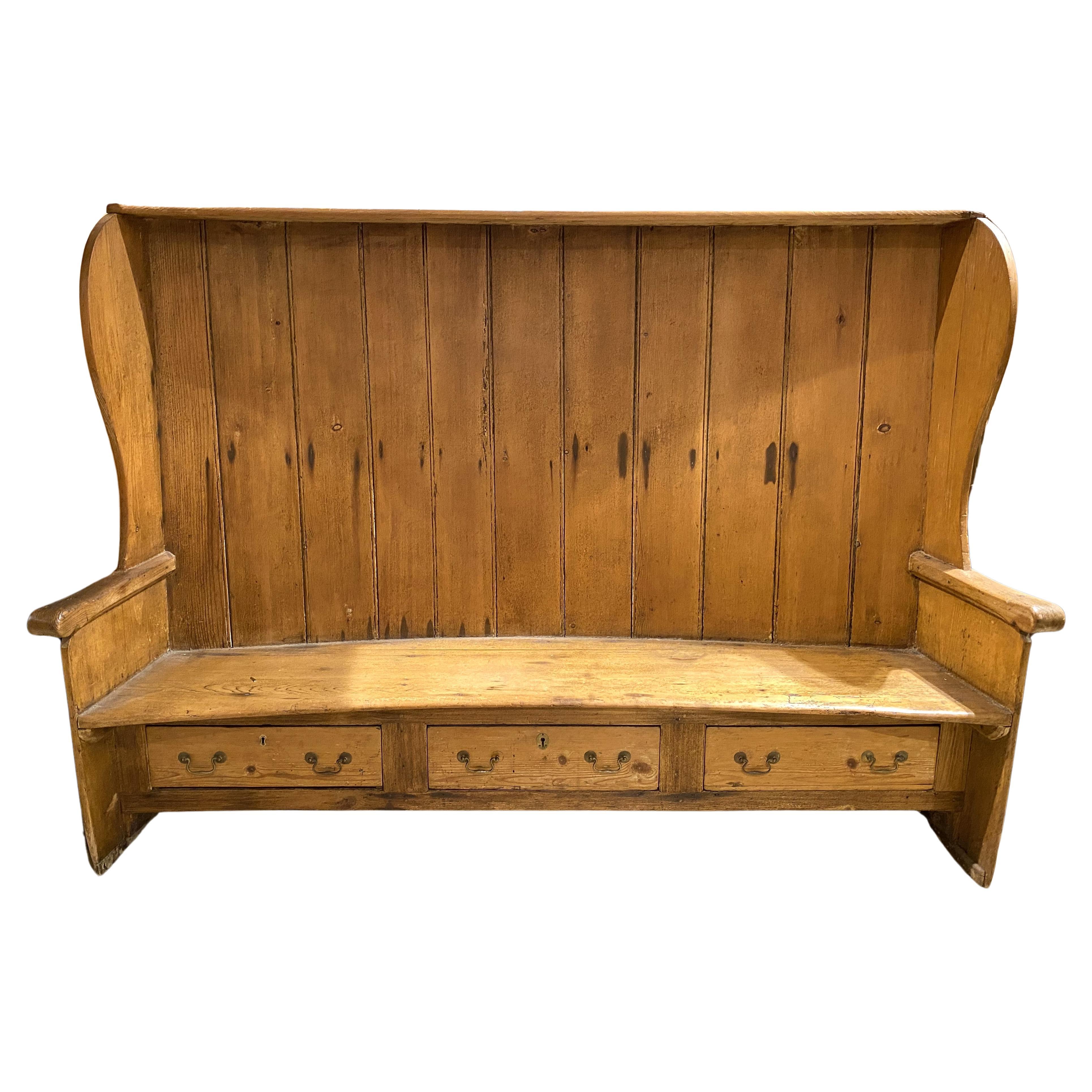 Late 18th Century Large English Pine Bow Back Settle Bench For Sale