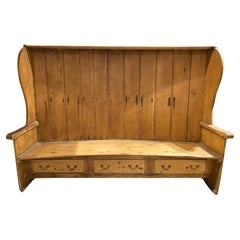 Antique Late 18th Century Large English Pine Bow Back Settle Bench