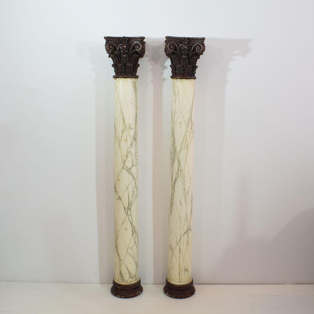 Spectacular pair of late 18th century Corinthian columns with their faux marble paint. Great patina.
Italy, circa 1780. Weathered, small losses.
More pictures available on request.