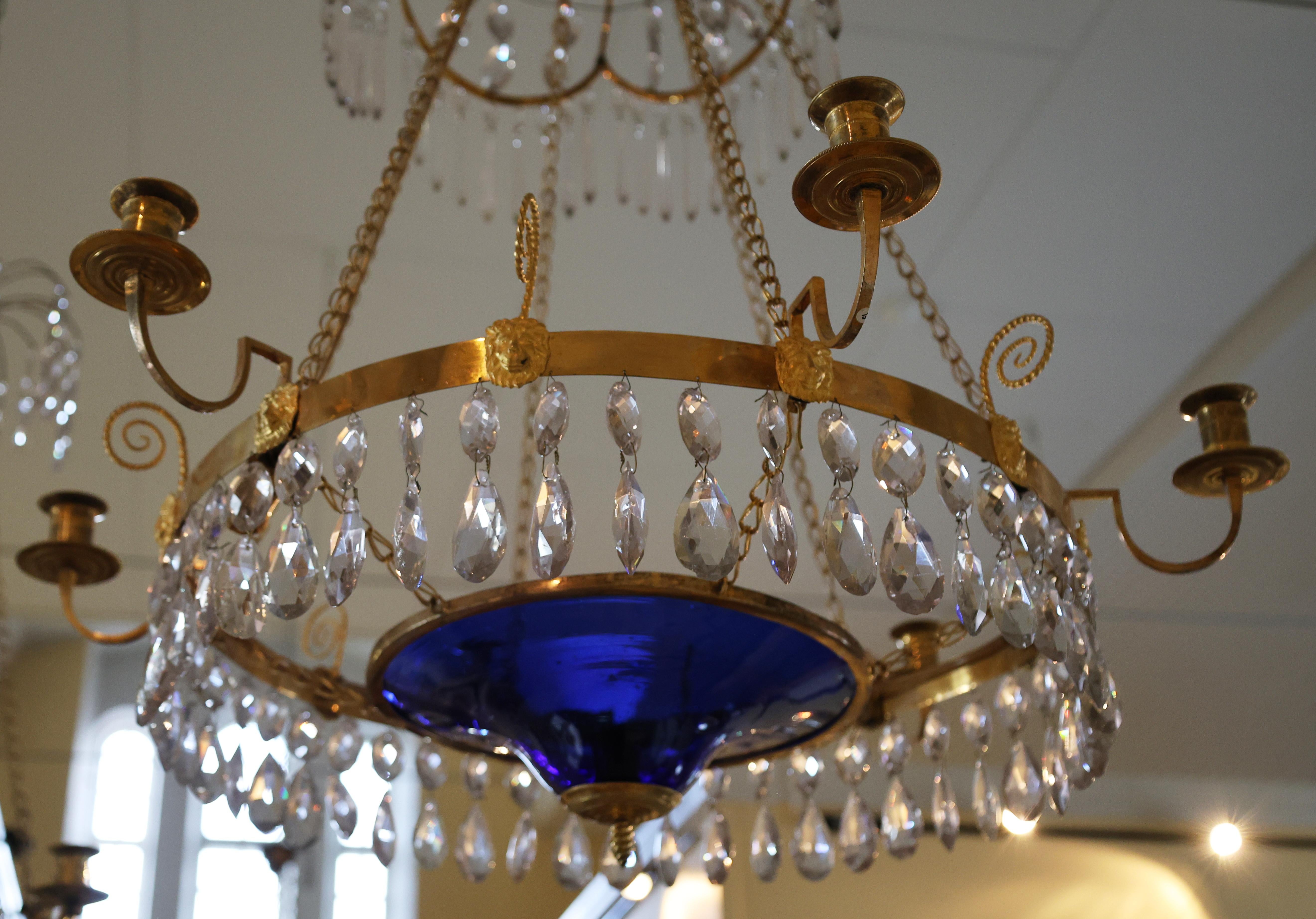Gustavien Lustre de la fin du XVIIIe siècle de style gustatif tardif avec bol bleu en vente