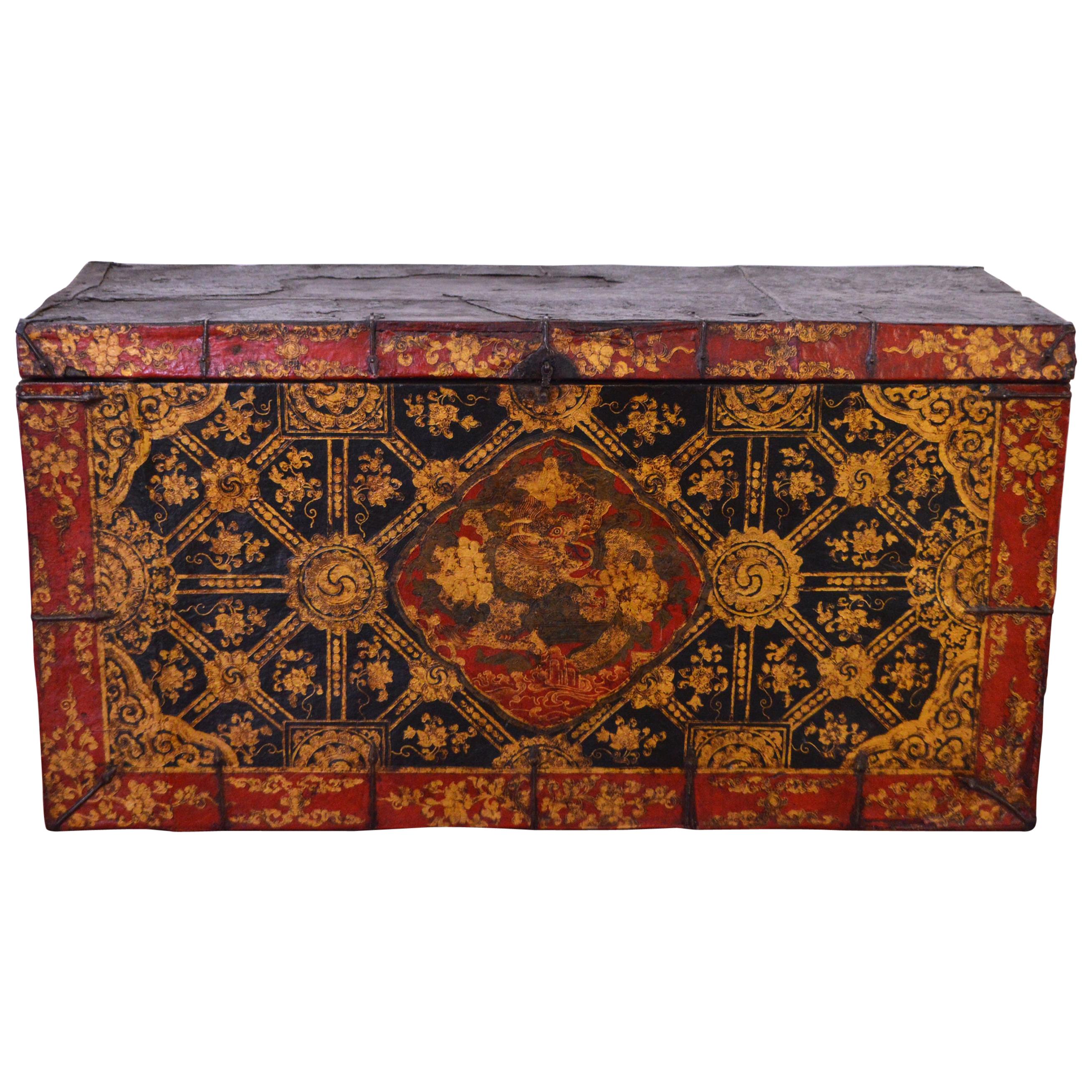 Late 18th Century Leather and Metal Tibetan Trunk For Sale