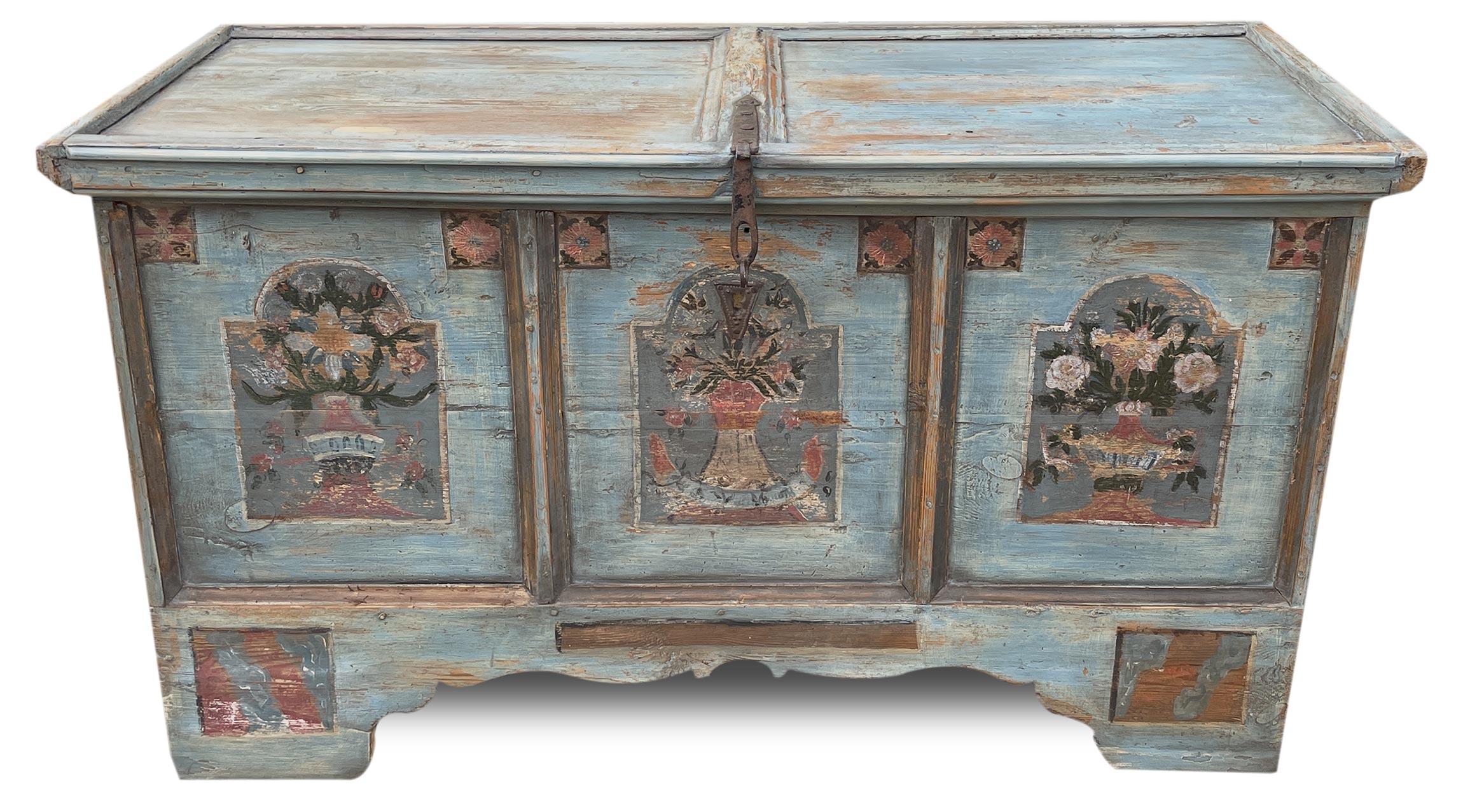 Folk Art Late 18th Century Light Blu Floral Painted Blanket Chest For Sale