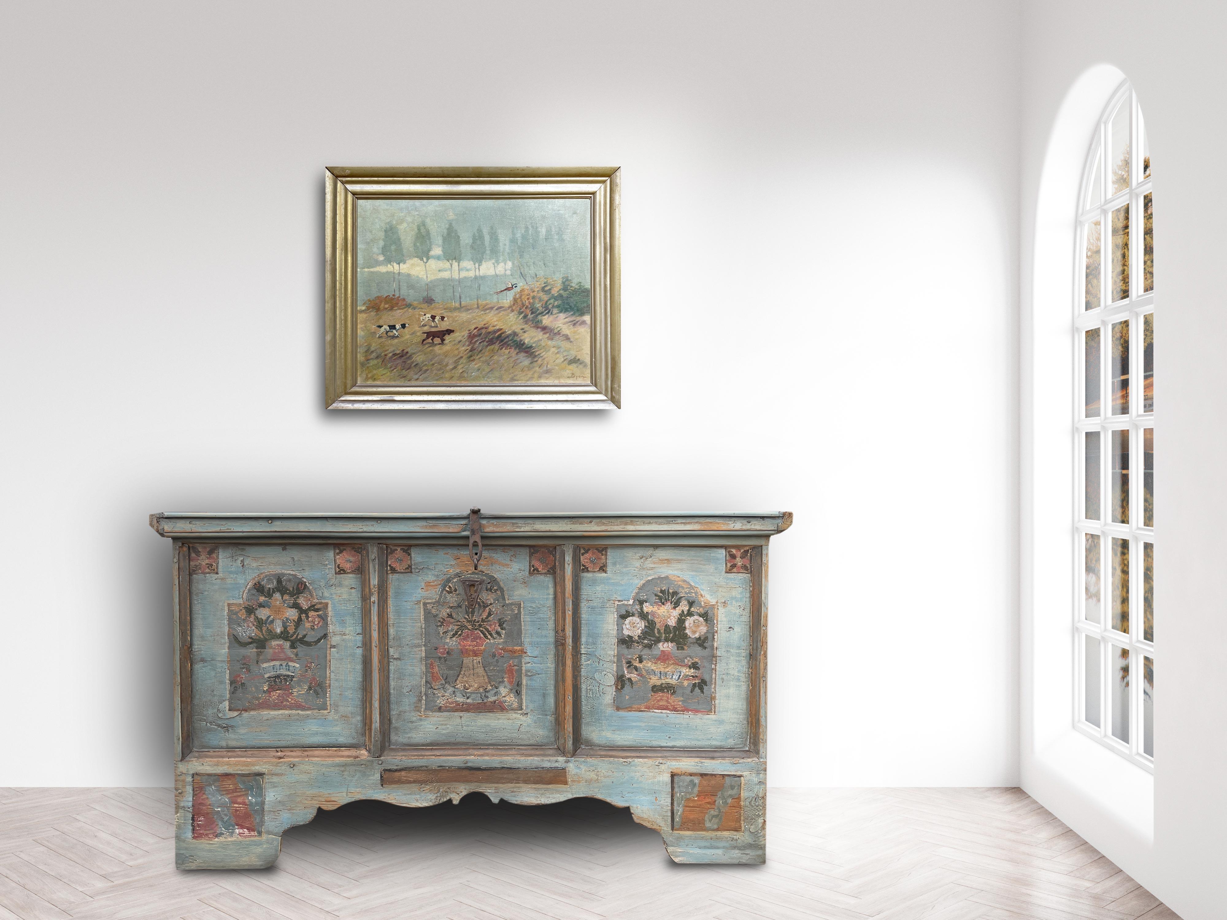 Late 18th Century Light Blu Floral Painted Blanket Chest In Good Condition In Albignasego, IT