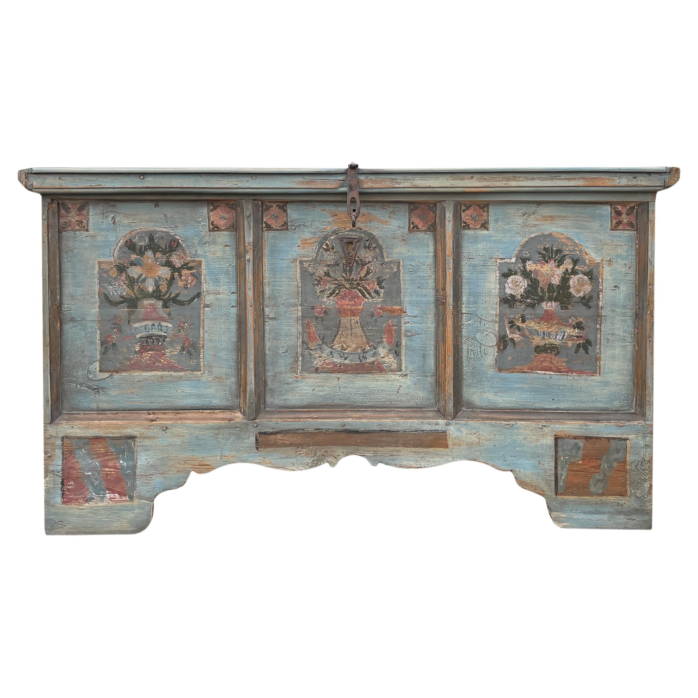 Late 18th Century Light Blu Floral Painted Blanket Chest For Sale