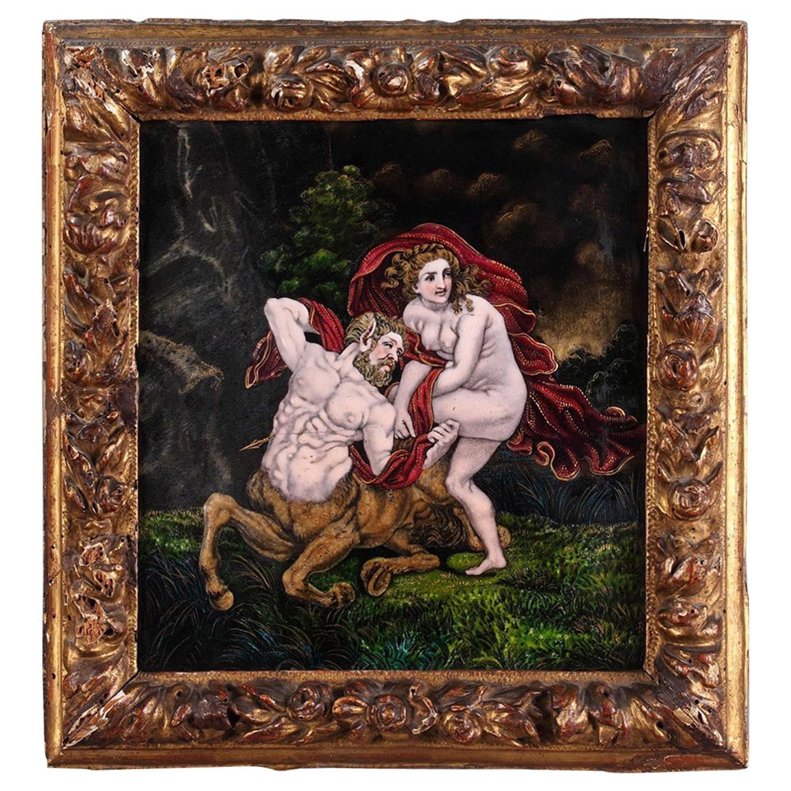Piatto in smalto di Limoges della fine del XVIII secolo "Deianeira e il centauro Nesso". in vendita