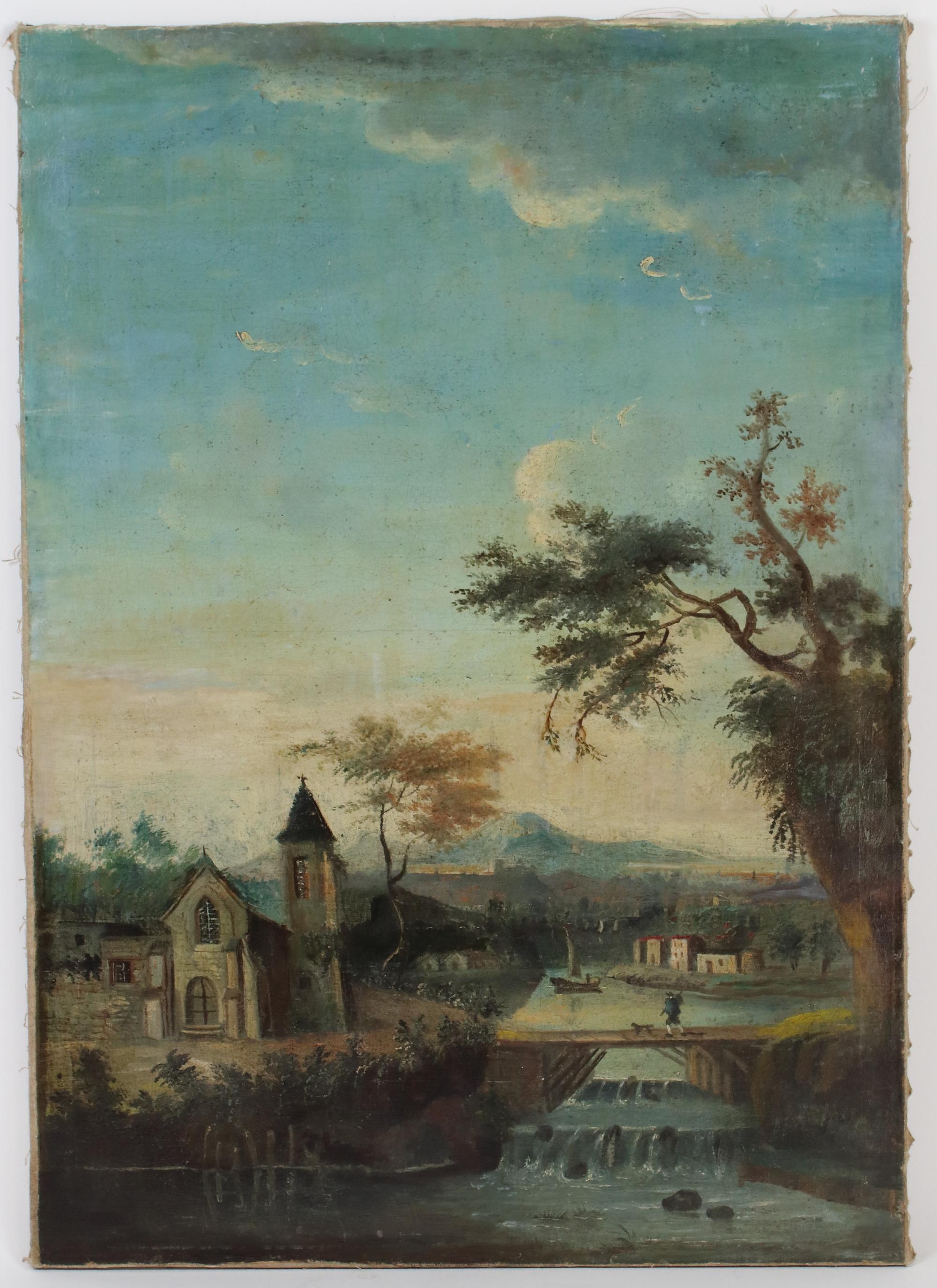Late 18th Century French Romantic Landscape Painting, oil on Canvas

Charming vertical rectangle ideal french landscape painting, painted in oil on canvas depicting a small village at the banks of a river, the forefront showing wooden brigde which