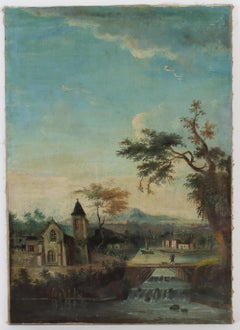 Peinture d'un village français d'époque Louis XVI de la fin du XVIIIe siècle sur un paysage fluvial