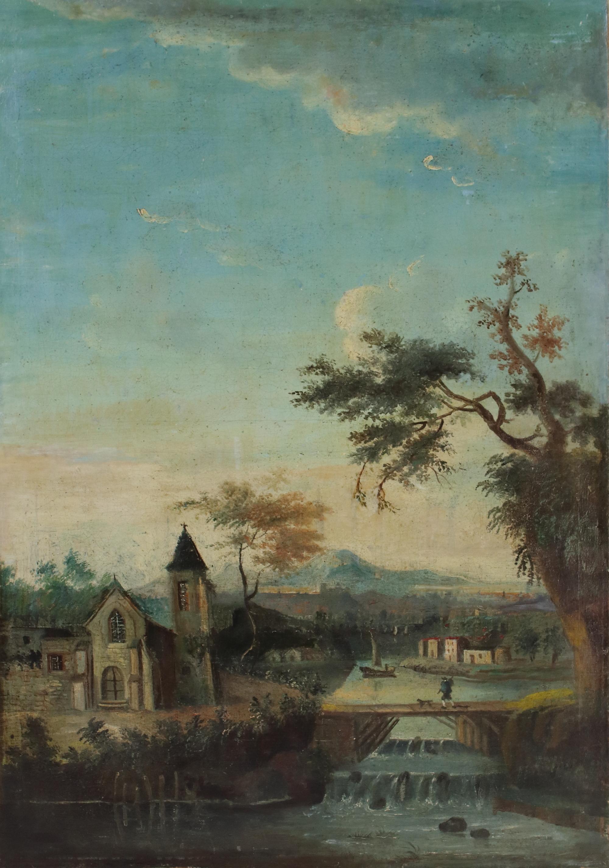 French Provincial Late 18th Century Louis XVI Period French Village at a River Landscape Painting For Sale