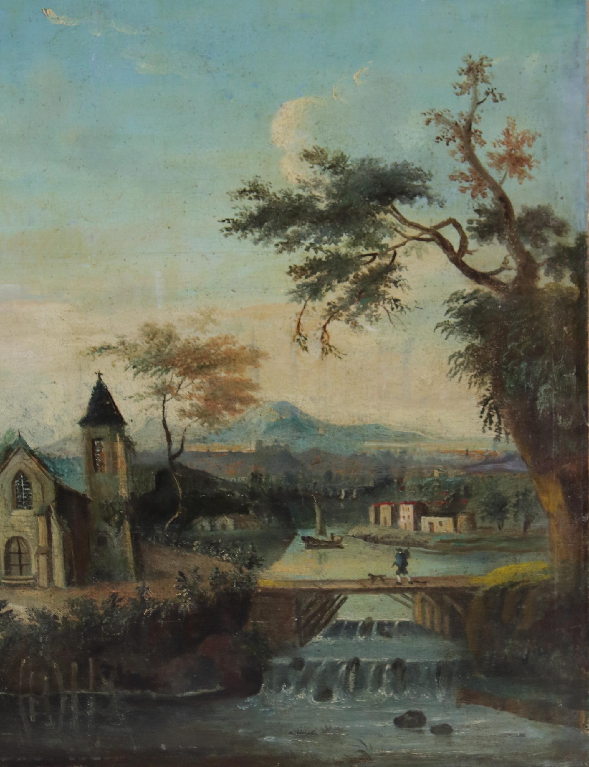 Französisches Dorf in einem Fluss-Landschaftsgemälde aus dem späten 18. Jahrhundert, Louis XVI.-Periode (Handbemalt) im Angebot