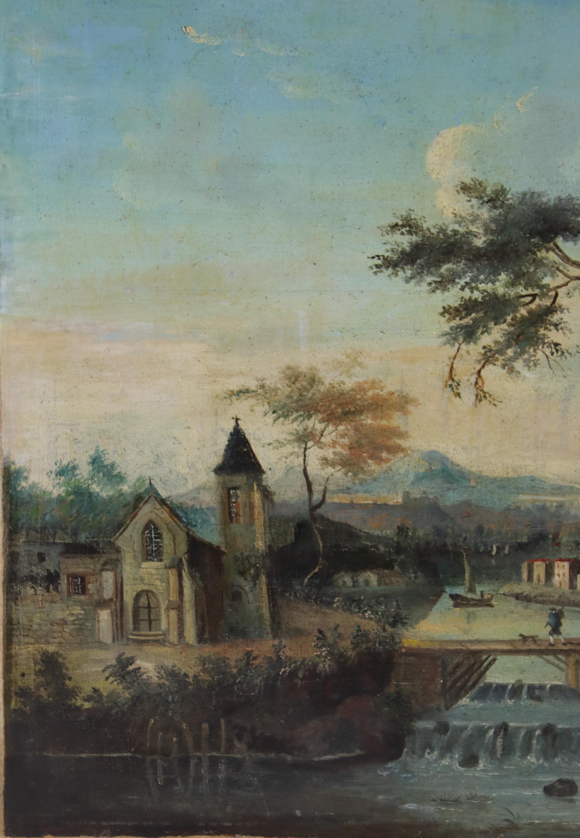 Französisches Dorf in einem Fluss-Landschaftsgemälde aus dem späten 18. Jahrhundert, Louis XVI.-Periode im Zustand „Gut“ im Angebot in Berlin, DE