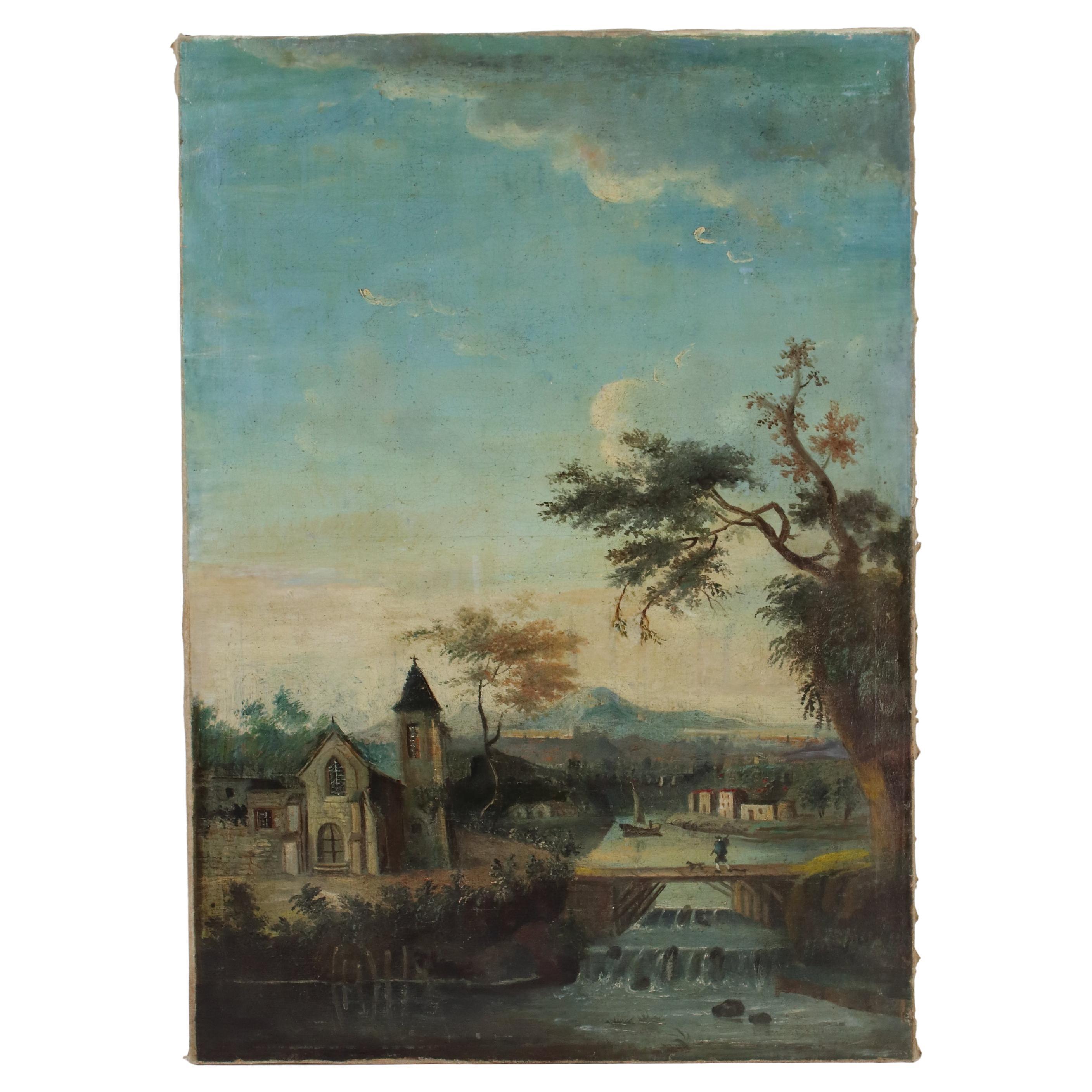 Französisches Dorf in einem Fluss-Landschaftsgemälde aus dem späten 18. Jahrhundert, Louis XVI.-Periode im Angebot