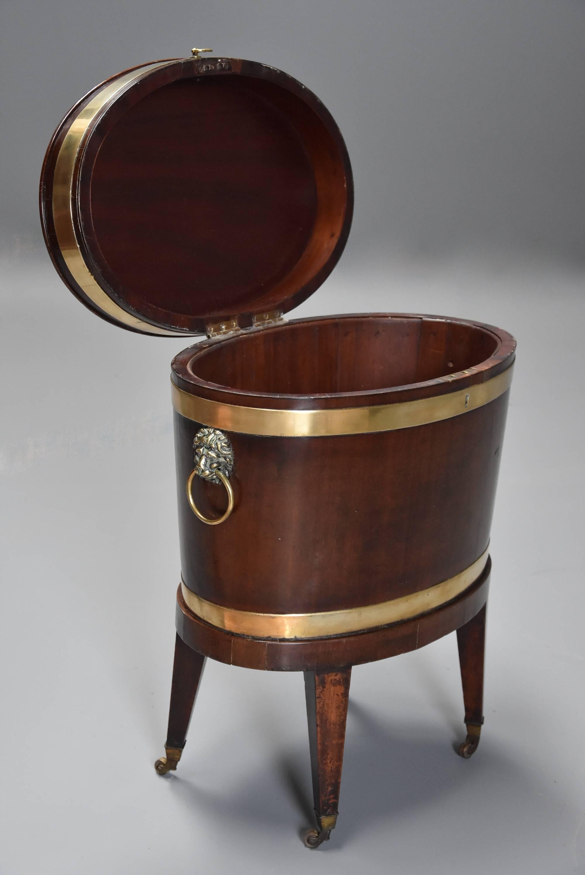 English Late 18th Century Mahogany and Brass Bound Oval Cellaret of Slender Proportion
