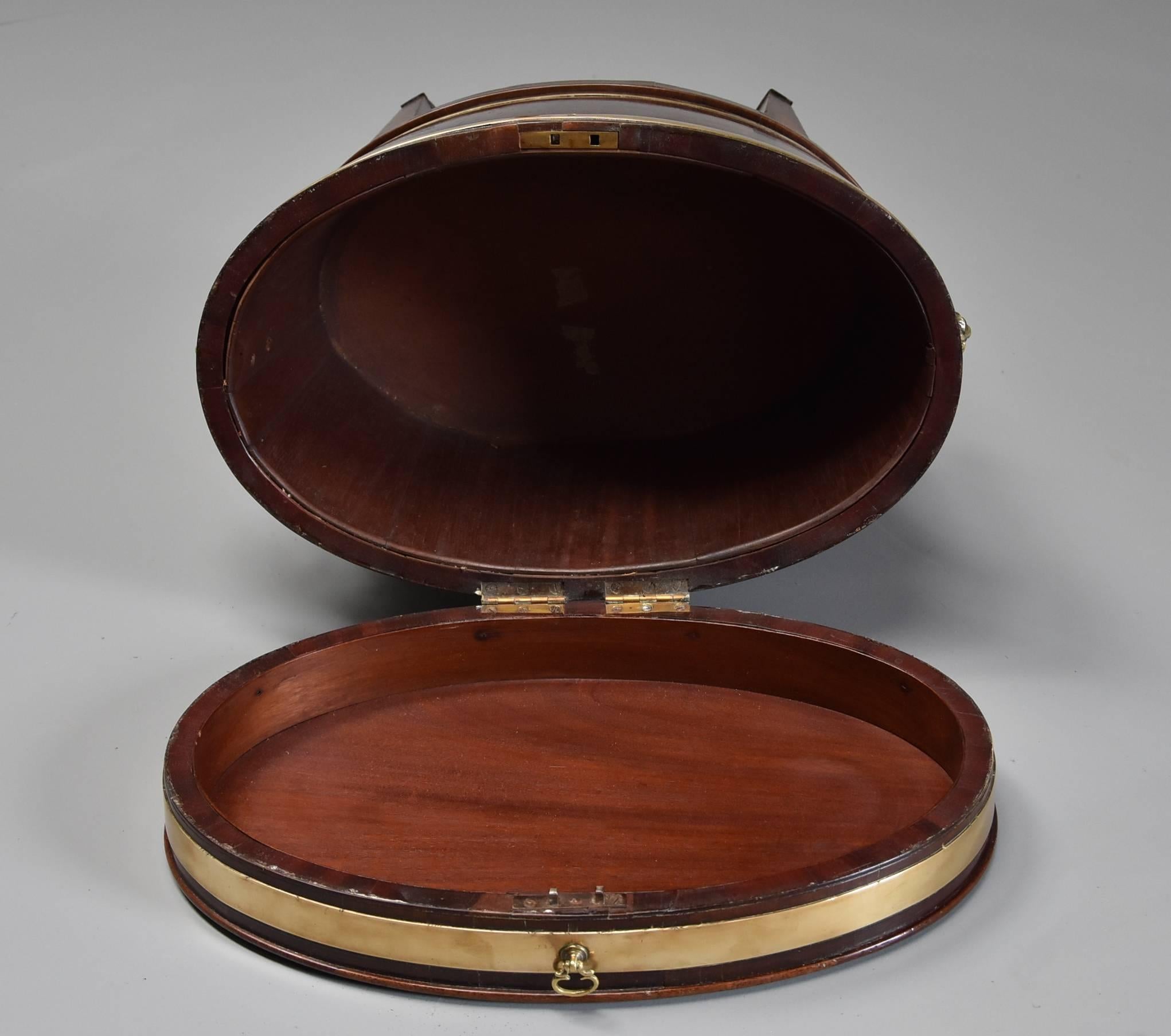 Late 18th Century Mahogany and Brass Bound Oval Cellaret of Slender Proportion In Good Condition In Suffolk, GB