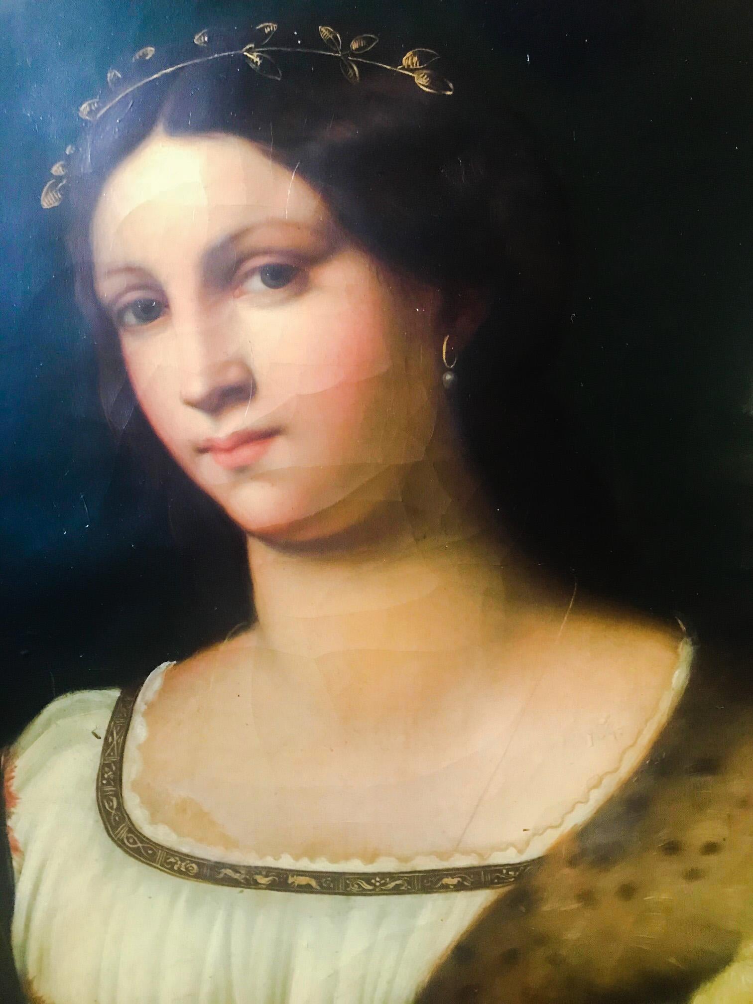 This high quality oil painting of a beautiful woman is painted in the late 18th century in
Florence, Italy after the famous portrait by Sebastiano del Piombo. The original is
exhibited in the Galleria degli Uffizi in Florence. Two handwritten labels