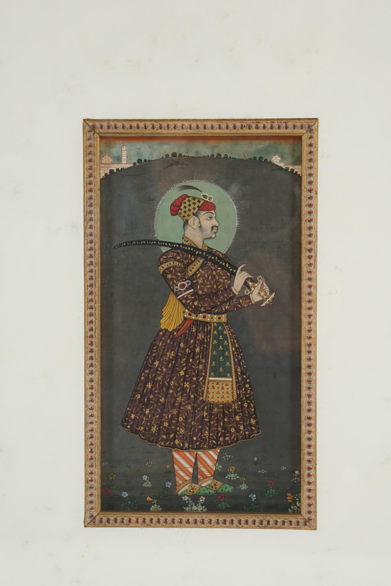 This very detailed miniature work designed to be set into an album of works for private viewing is of the Great Moghul Emperor Shah Jahan and was painted in about 1780. Born into the great dynasty that ruled India descendant of Tamburlaine and