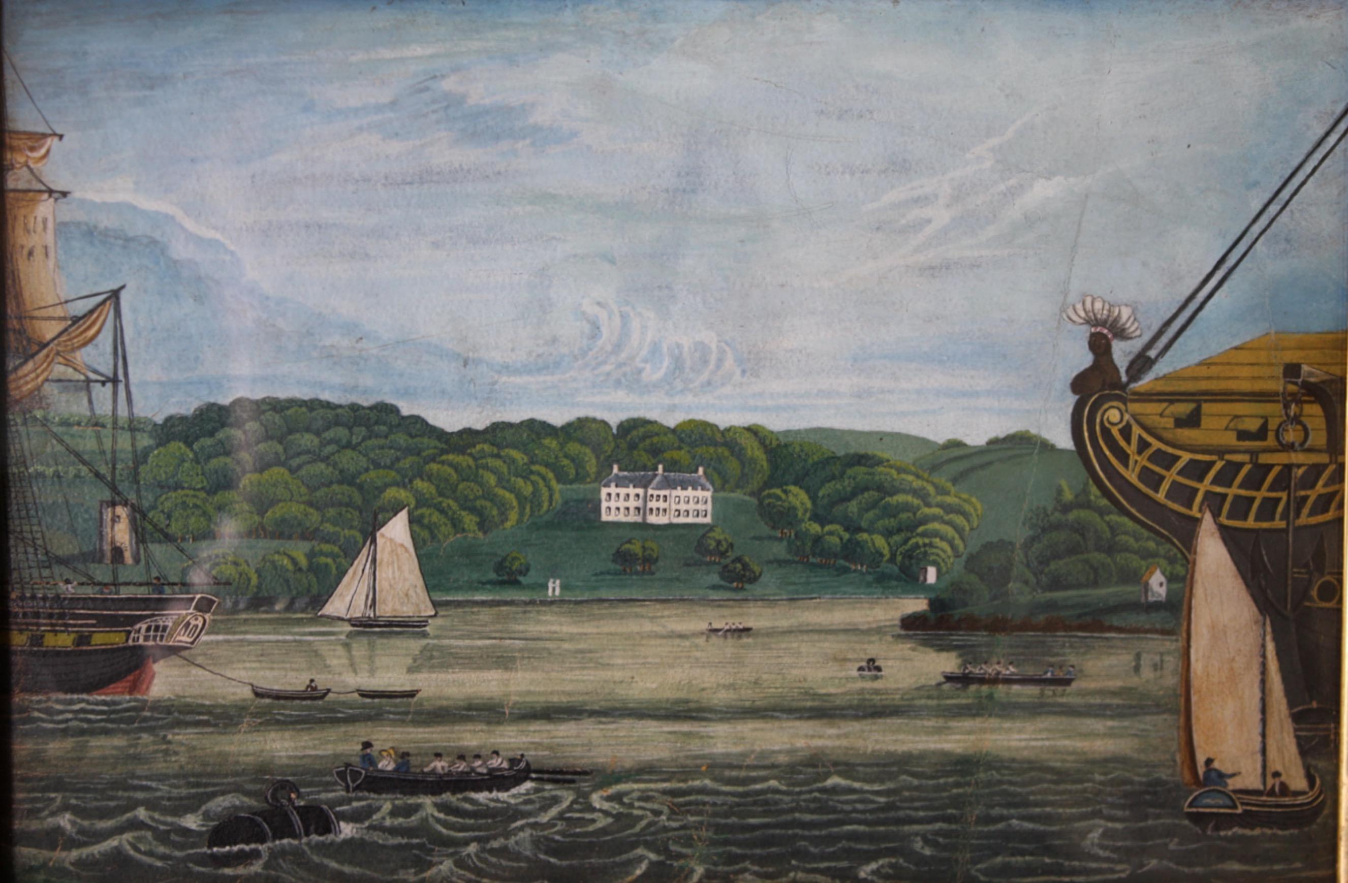Late 18th Century Naive American School Gouache Marine, Estate Scene Maritime  In Good Condition For Sale In Lowestoft, GB