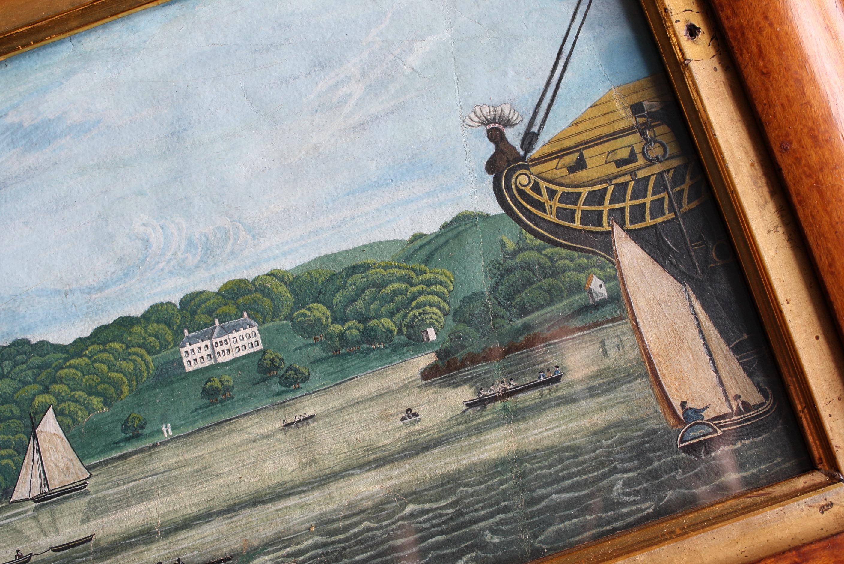 Paper Late 18th Century Naive American School Gouache Marine, Estate Scene Maritime  For Sale