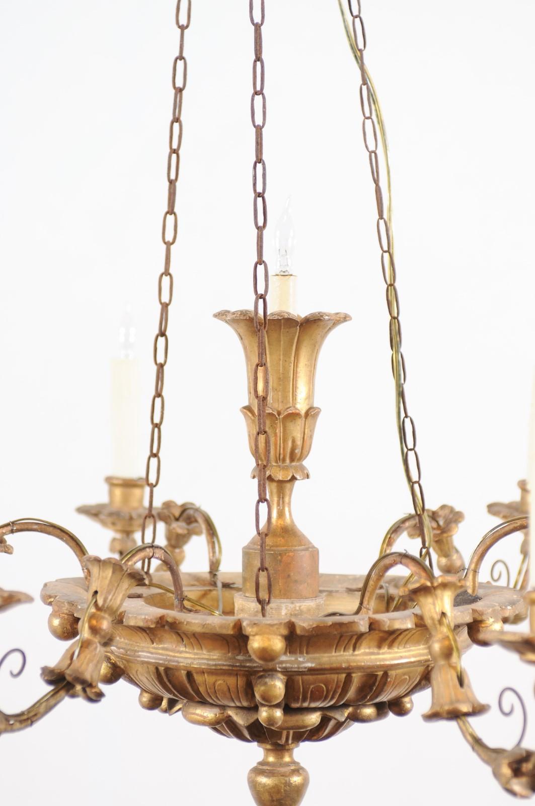 Late 18th Century Neoclassical Giltwood and Metal 6 Light Chandelier In Fair Condition In Atlanta, GA