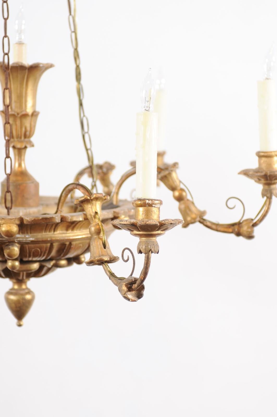 18th Century and Earlier Late 18th Century Neoclassical Giltwood and Metal 6 Light Chandelier