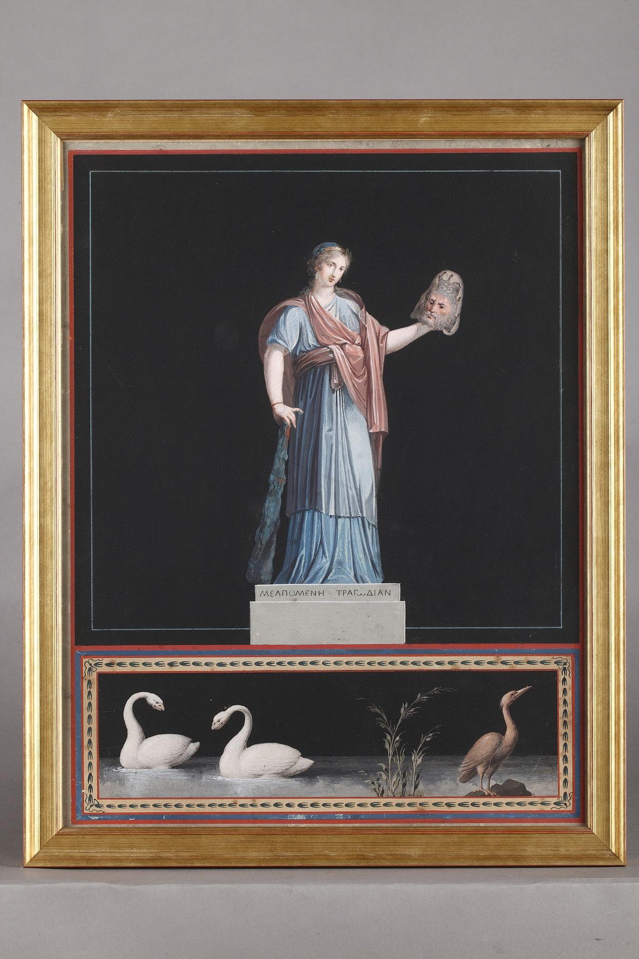 Set of three gouaches in Pompeian style depicting three of the nine Muses of Greek mythology, Clio, Melpomene and Thalia. The Muses were beautiful young women who were the embodiments of science, literature, and the arts. Clio was the Muse of