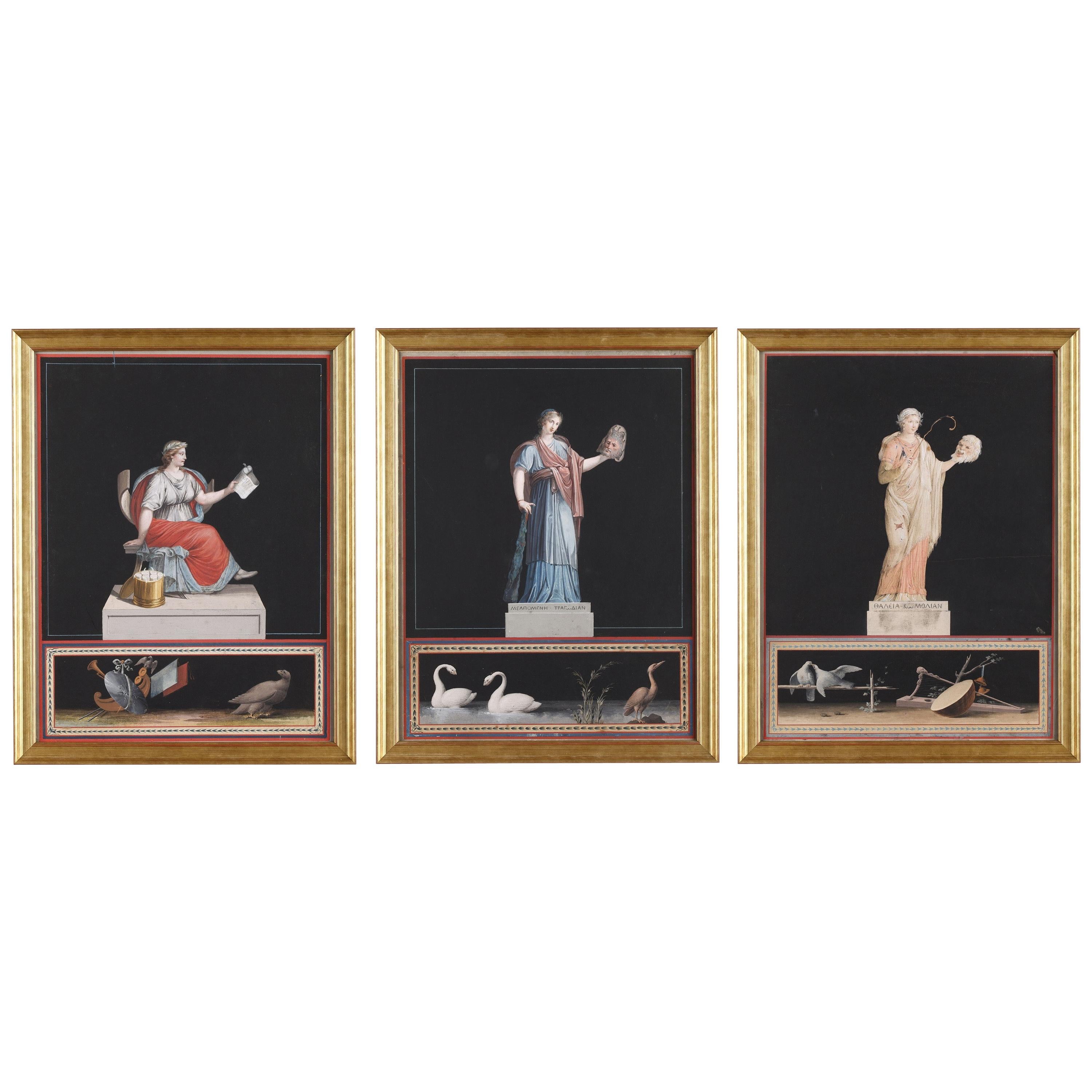 Late 18th Century Neoclassical Gouaches, Three Muses