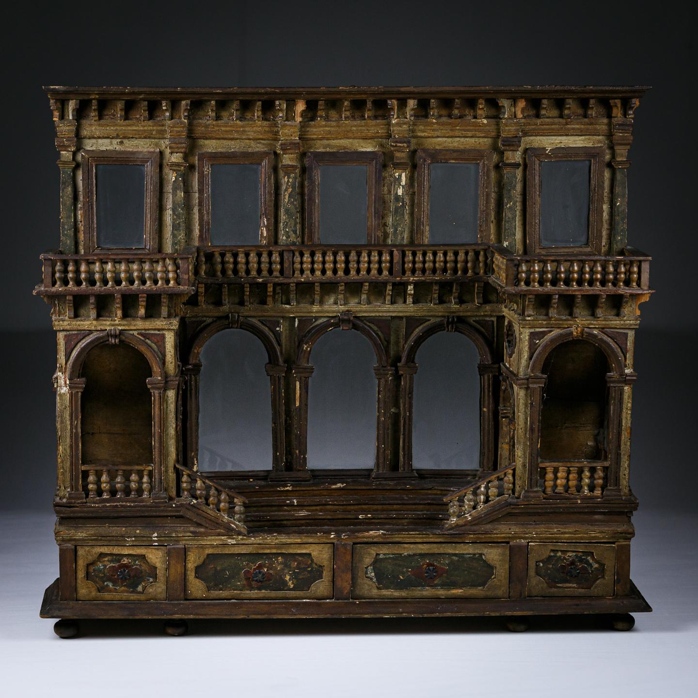 Extraordinary Late 18th Century Neoclassical Maquette Model of a Palais Facade. Original polychrome, Carved Wood. Private Paris Collection. France Circa 1780.