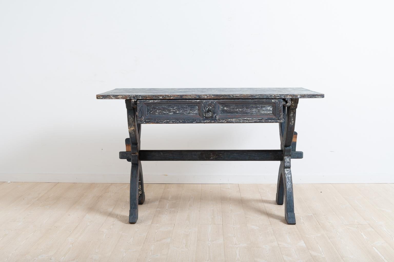 Hand-Crafted Late 18th Century Northern Swedish Blue Folk Art Trestle Table