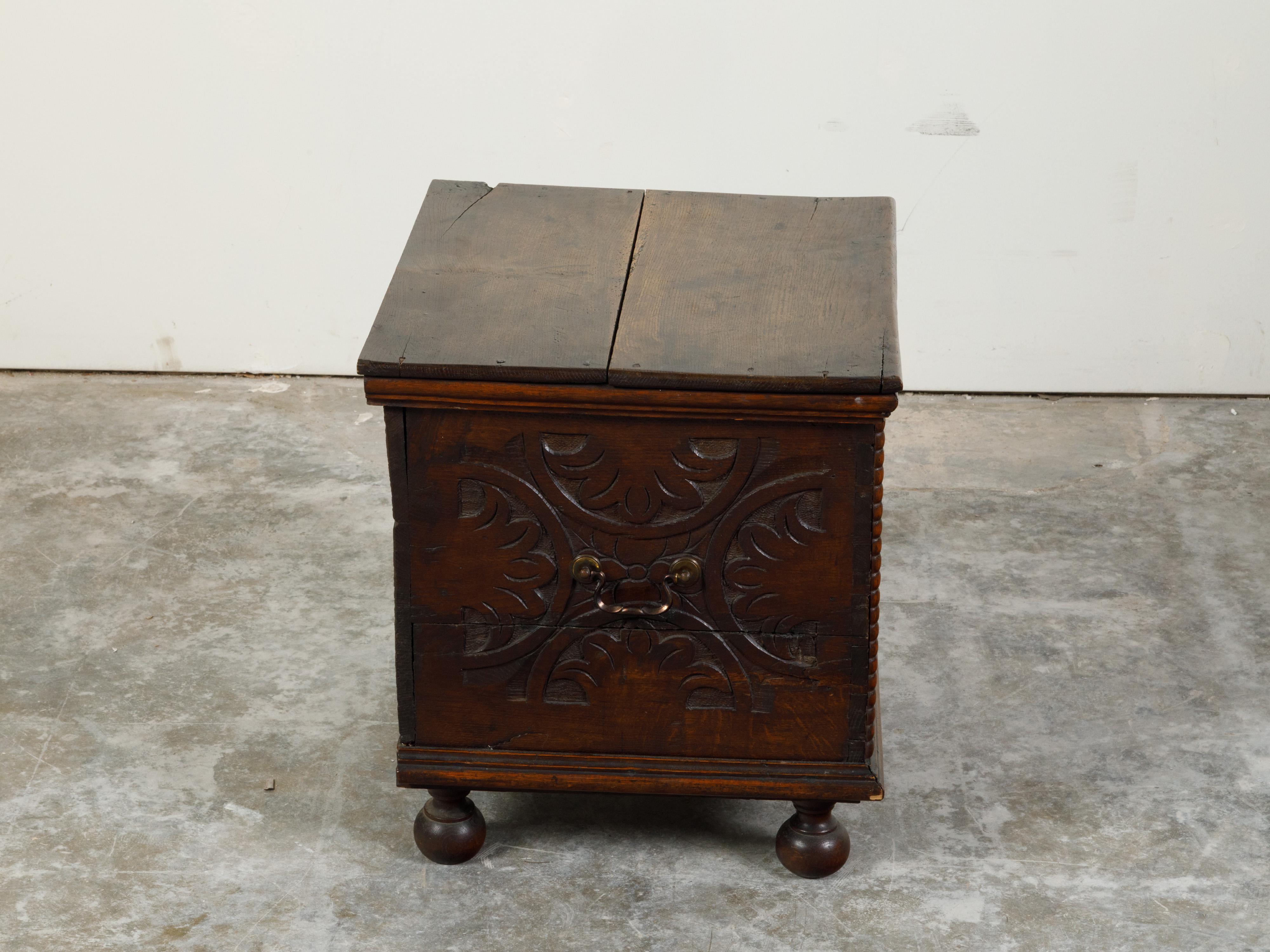 English Late 18th Century Oak Box with Faux Drawers, Handles and Carved Scrolls For Sale
