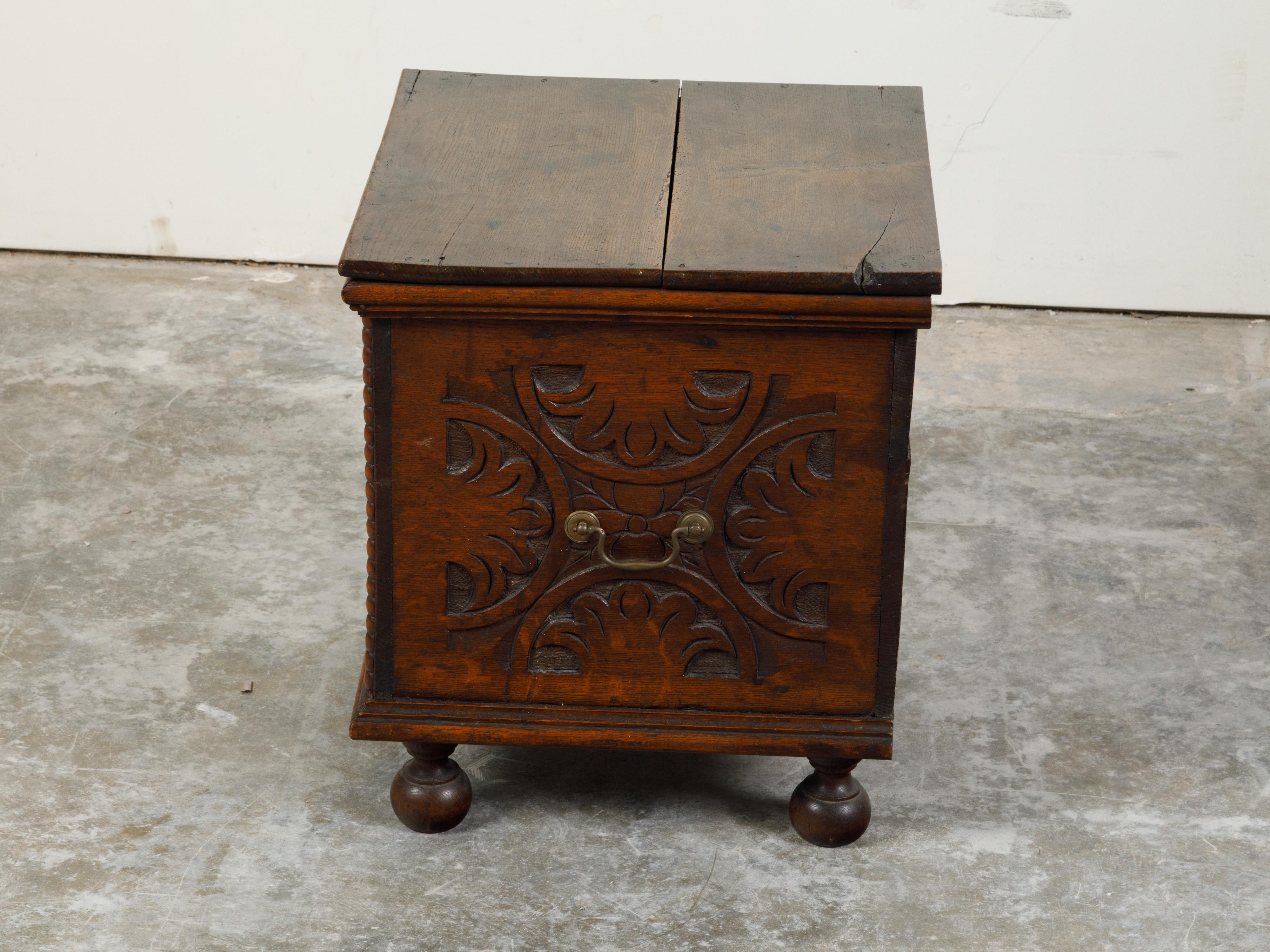 Brass Late 18th Century Oak Box with Faux Drawers, Handles and Carved Scrolls For Sale