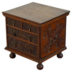 Late 18th Century Oak Box with Faux Drawers, Handles and Carved Scrolls