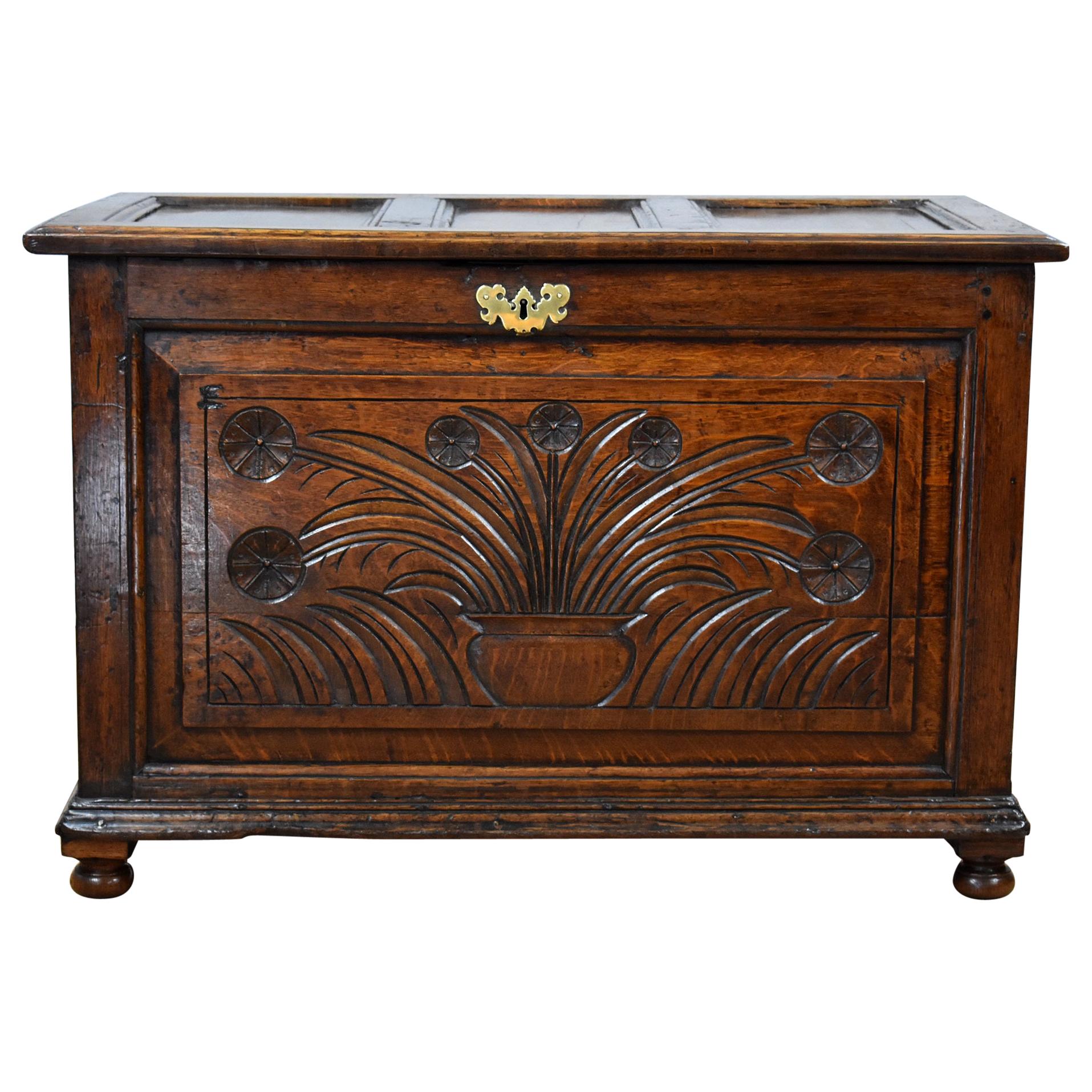 Late 18th Century Carved Oak Blanket Box