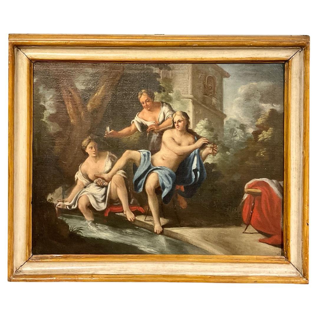 Fin du XVIIIe siècle Huile sur toile, "Betzebea se baignant dans la rivière", Louis XVI en vente