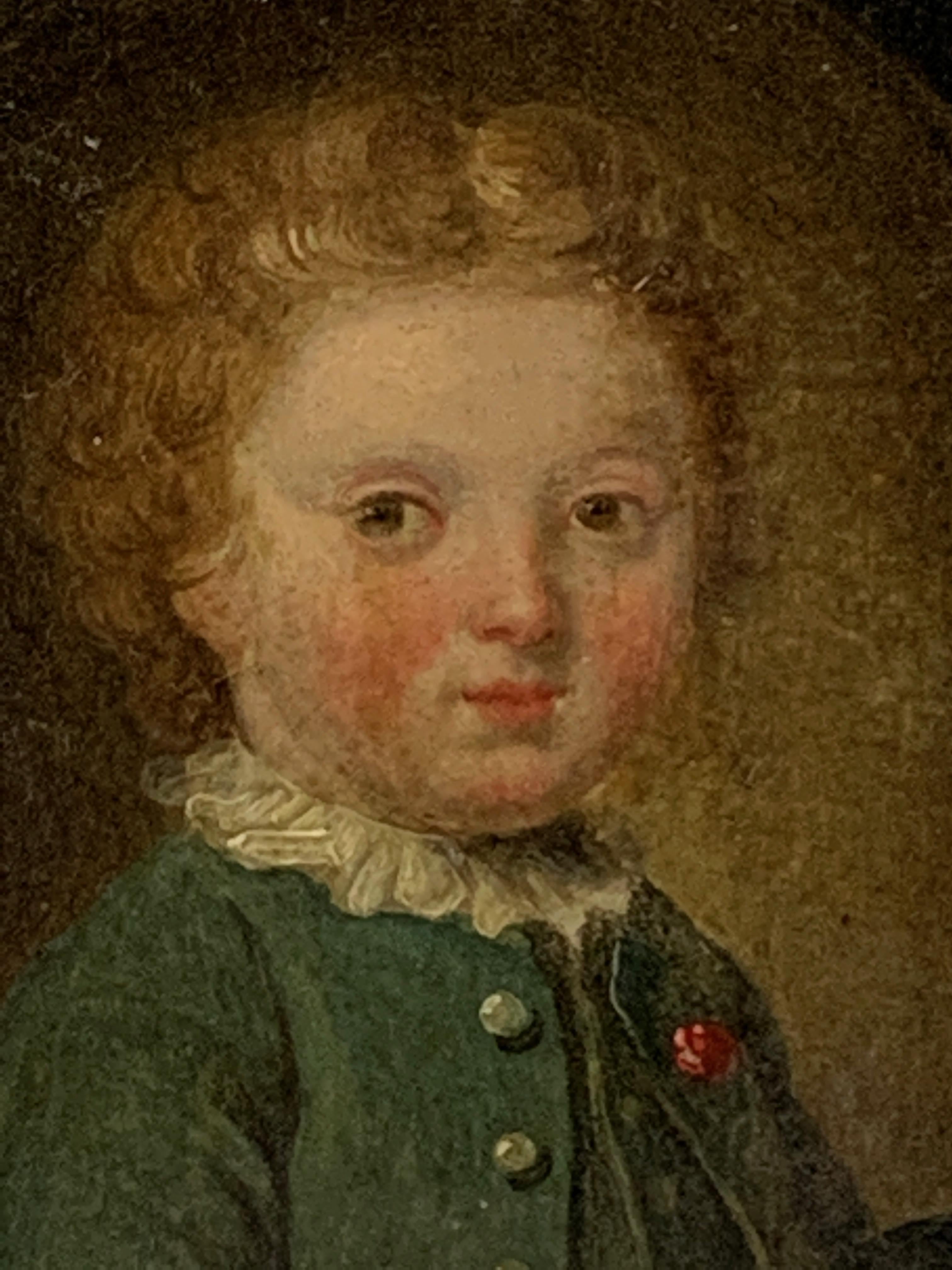 English Late 18th Century Oil on Canvas Miniature Portrait of a Boy