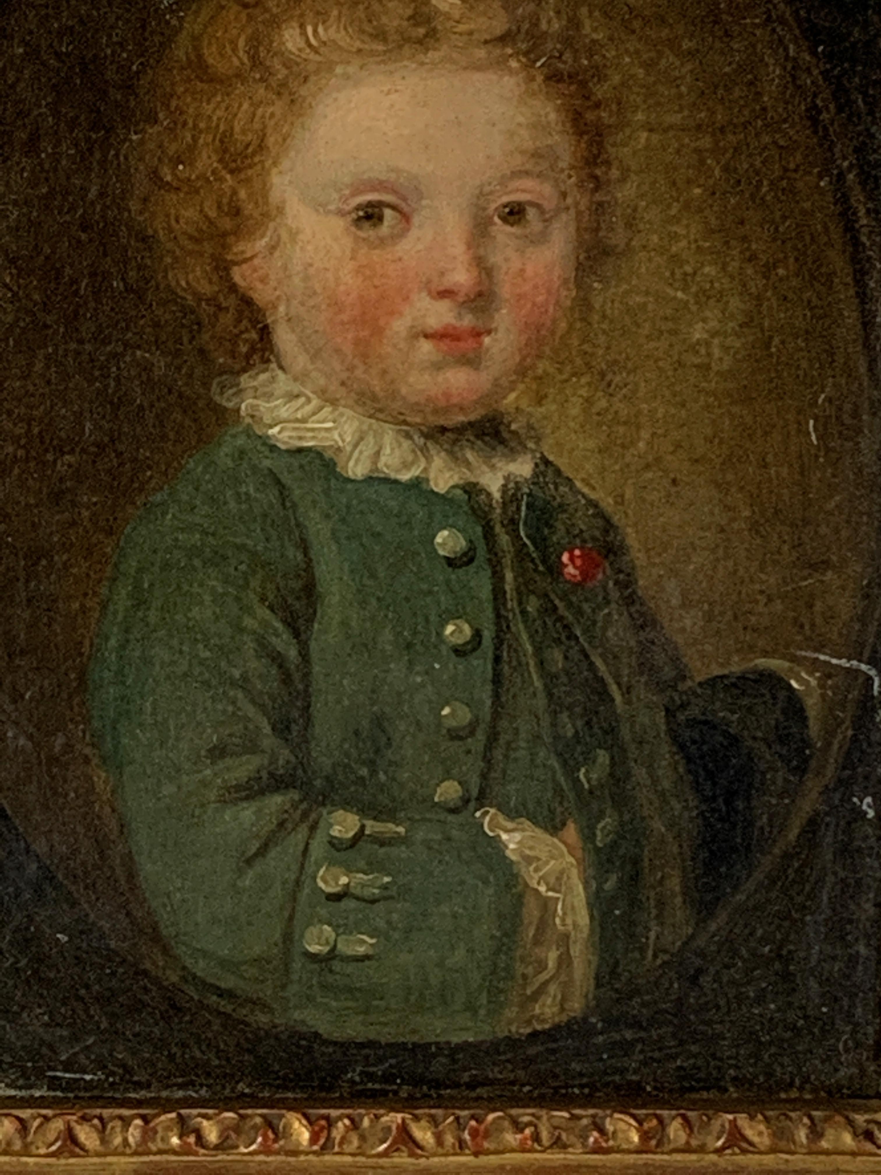 Hand-Painted Late 18th Century Oil on Canvas Miniature Portrait of a Boy
