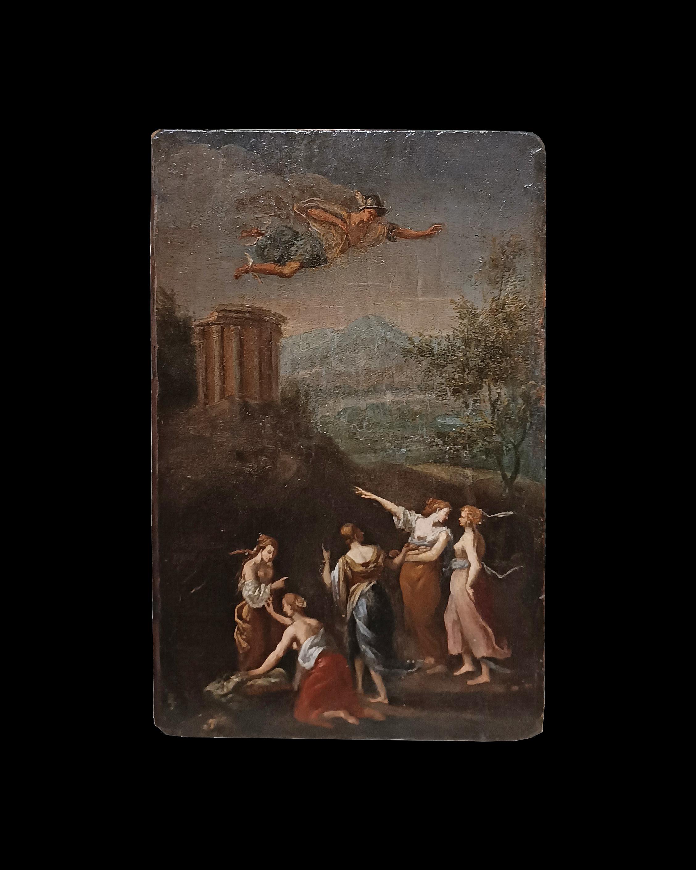 This stunning oil painting on wood panel depicts Mercury, the messenger of the gods, soaring above the Temple of Vesta in Tivoli. At the center of the composition, Mercury is portrayed according to classical iconography: he wears winged sandals and