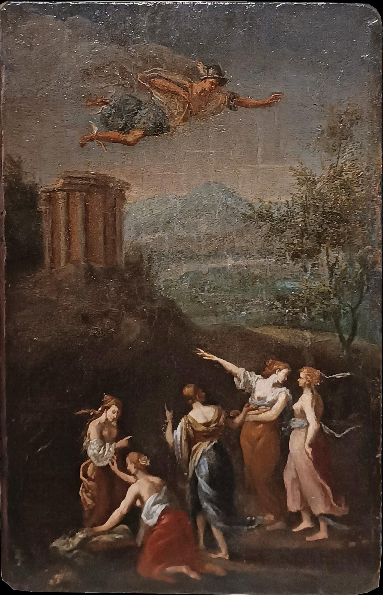 Neoclassical Revival LATE 18th CENTURY OIL PAINTING ON WOOD PANEL MERCURY AND CECROPS DAUGHTERS For Sale