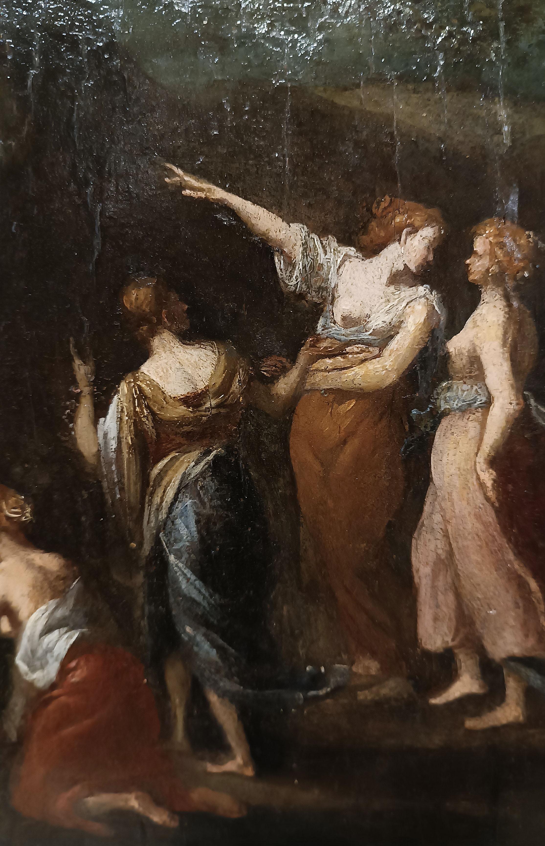 Hand-Carved LATE 18th CENTURY OIL PAINTING ON WOOD PANEL MERCURY AND CECROPS DAUGHTERS For Sale