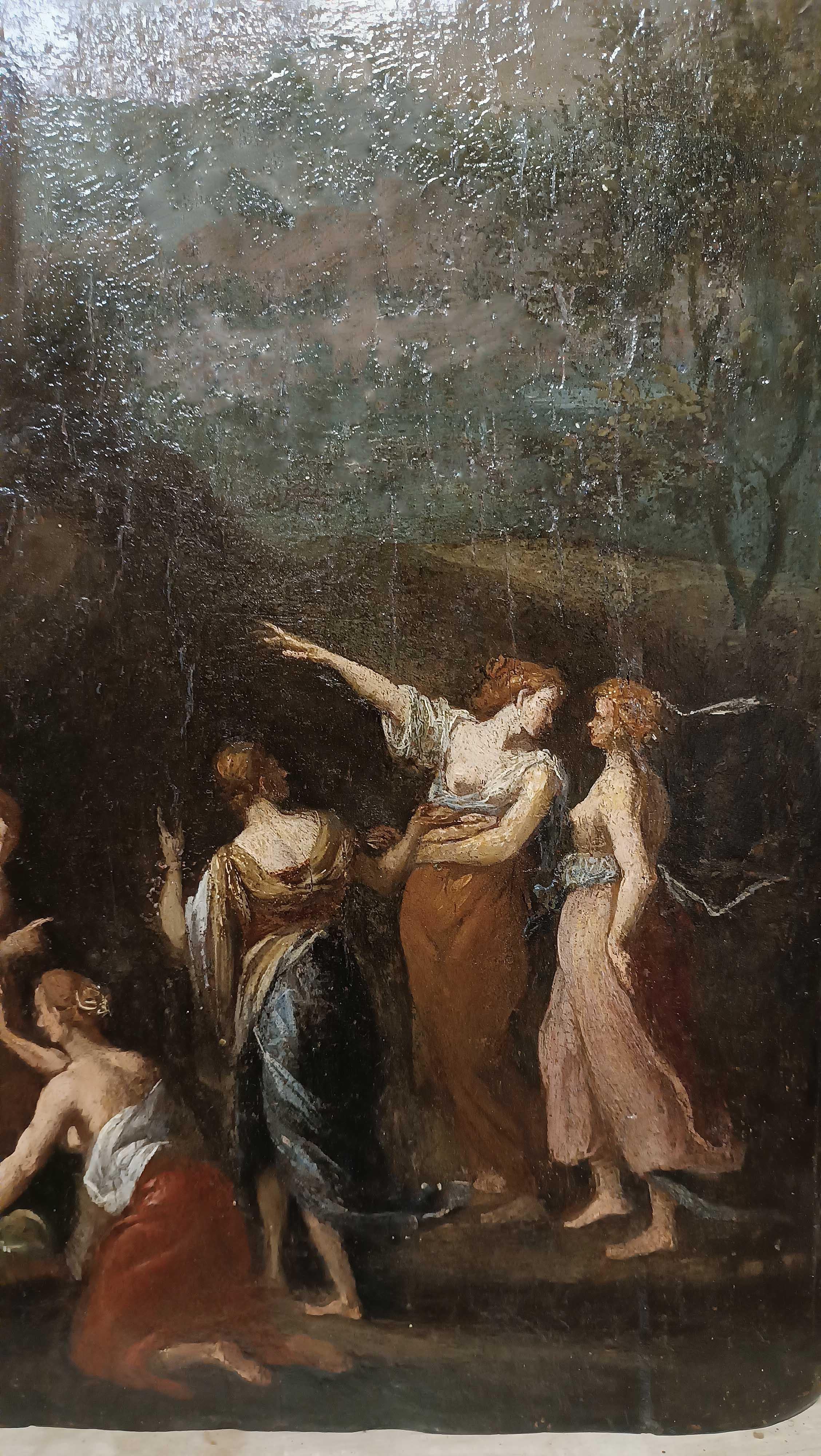 LATE 18th CENTURY OIL PAINTING ON WOOD PANEL MERCURY AND CECROPS DAUGHTERS In Good Condition For Sale In Firenze, FI