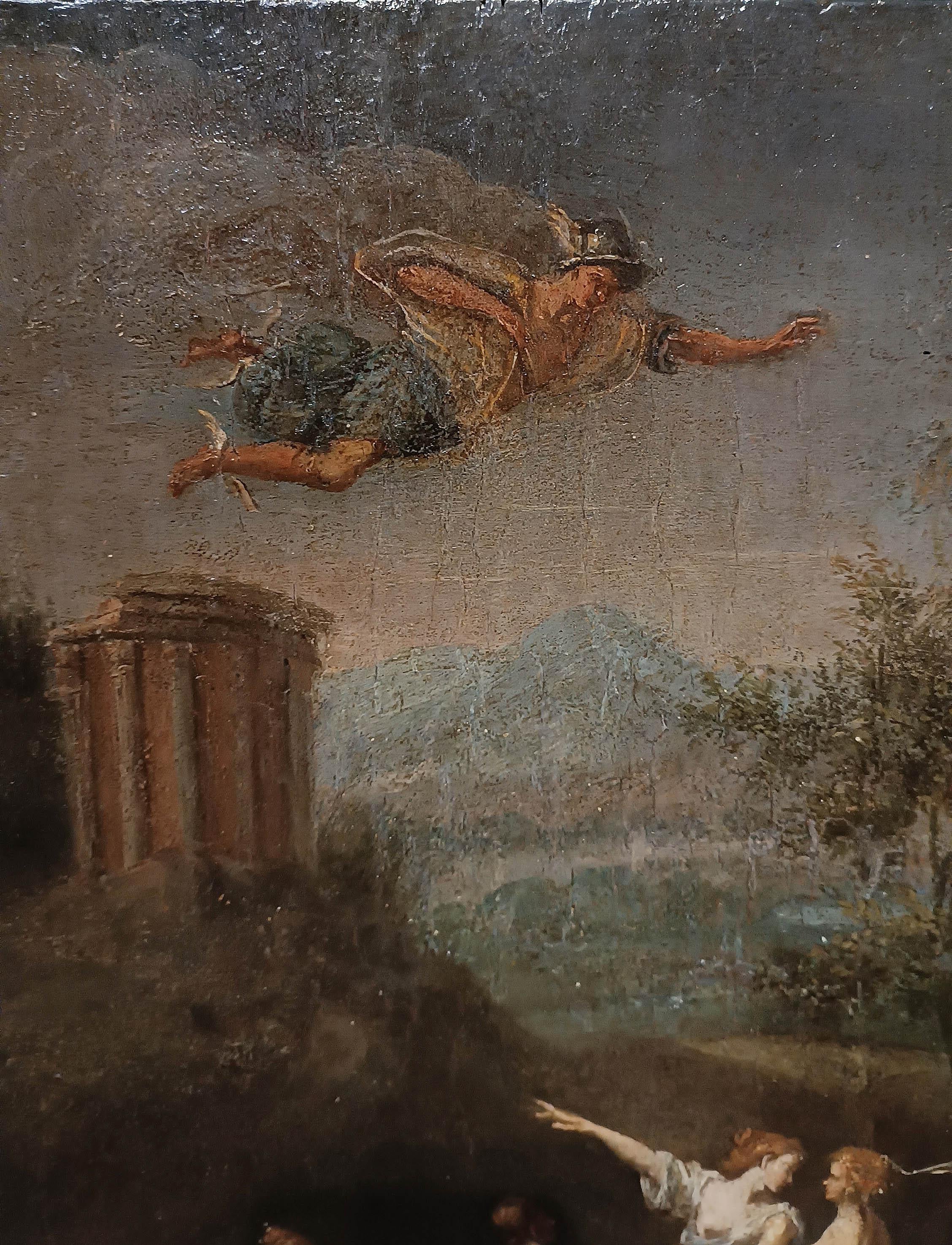 18th Century LATE 18th CENTURY OIL PAINTING ON WOOD PANEL MERCURY AND CECROPS DAUGHTERS For Sale