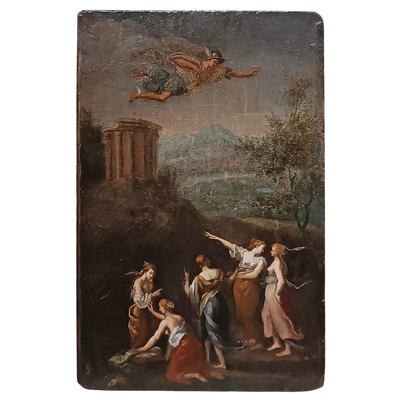 LATE 18th CENTURY OIL PAINTING ON WOOD PANEL MERCURY AND CECROPS DAUGHTERS