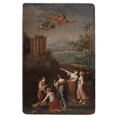 LATE 18th CENTURY OIL PAINTING ON WOOD PANEL MERCURY AND CECROPS DAUGHTERS