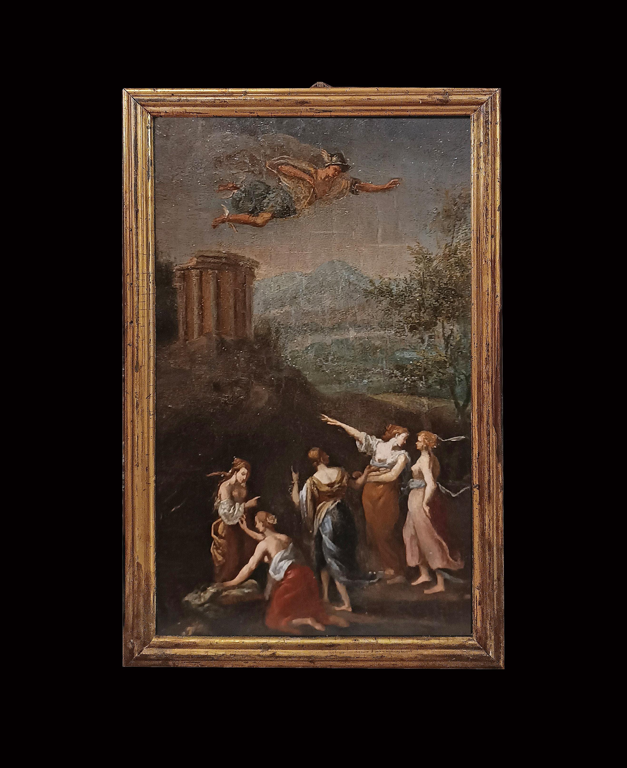Wunderschönes Ölgemälde auf einer Holztafel, in einem geschnitzten und vergoldeten Holzrahmen. Das Gemälde stellt Merkur, den Götterboten, dar, der über dem Vesta-Tempel in Tivoli schwebt. Im Mittelpunkt der Komposition steht Merkur, der nach