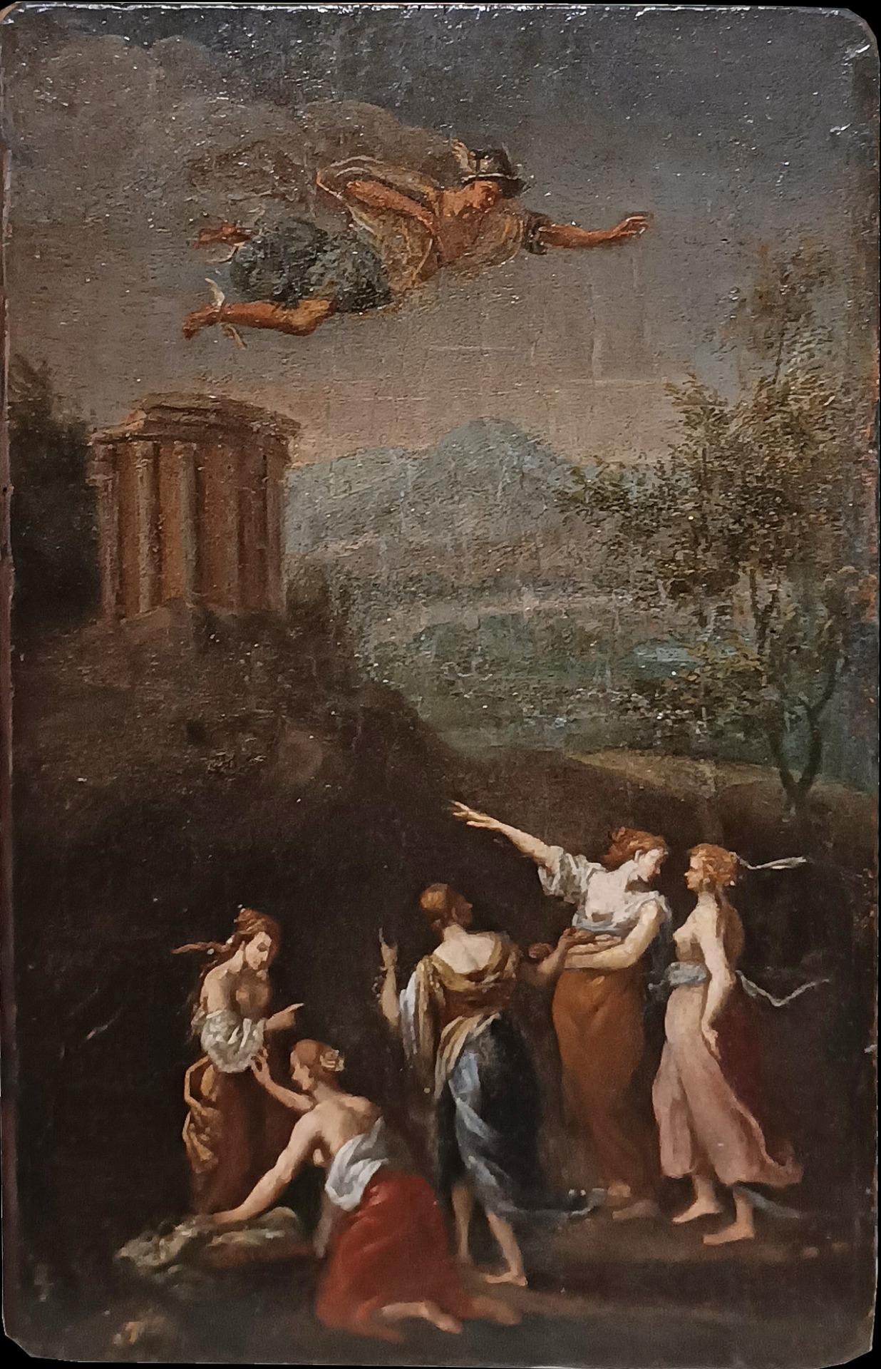 SPÄTES 18. JAHRHUNDERT ÖLGEMÄLDE AUF HOLZPANEL MERCURY UND CECROPS TÖCHTER (Neoklassisch) im Angebot