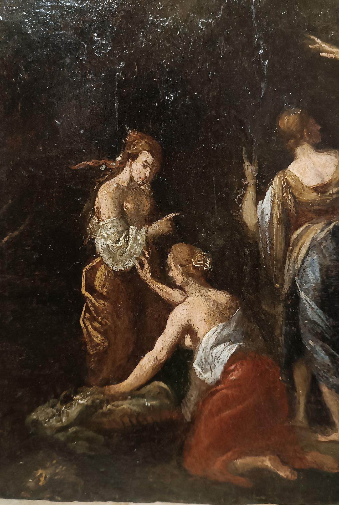 SPÄTES 18. JAHRHUNDERT ÖLGEMÄLDE AUF HOLZPANEL MERCURY UND CECROPS TÖCHTER (Italienisch) im Angebot